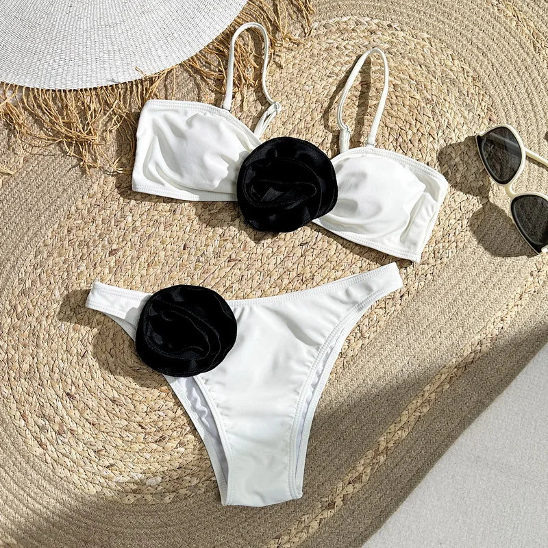 3D Floral Print Bandeau Bikini Set for Women - Sexy Brazilian Thong Swimwear, Bathing Suit Beachwear (S-XL) | Perfect for Summer Vacations, Pool Parties & Tropical Getaways
