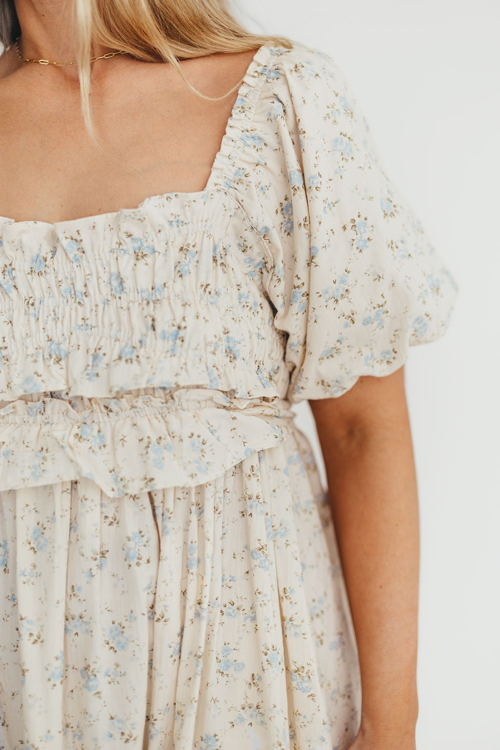 Finley 100% Cotton Peplum Midi Dress - Ivory & Blue - Bump & Nursing Friendly Maternity Dress for Pregnancy & Breastfeeding | Perfect for Casual Outings, Baby Showers & Nursing Dates
