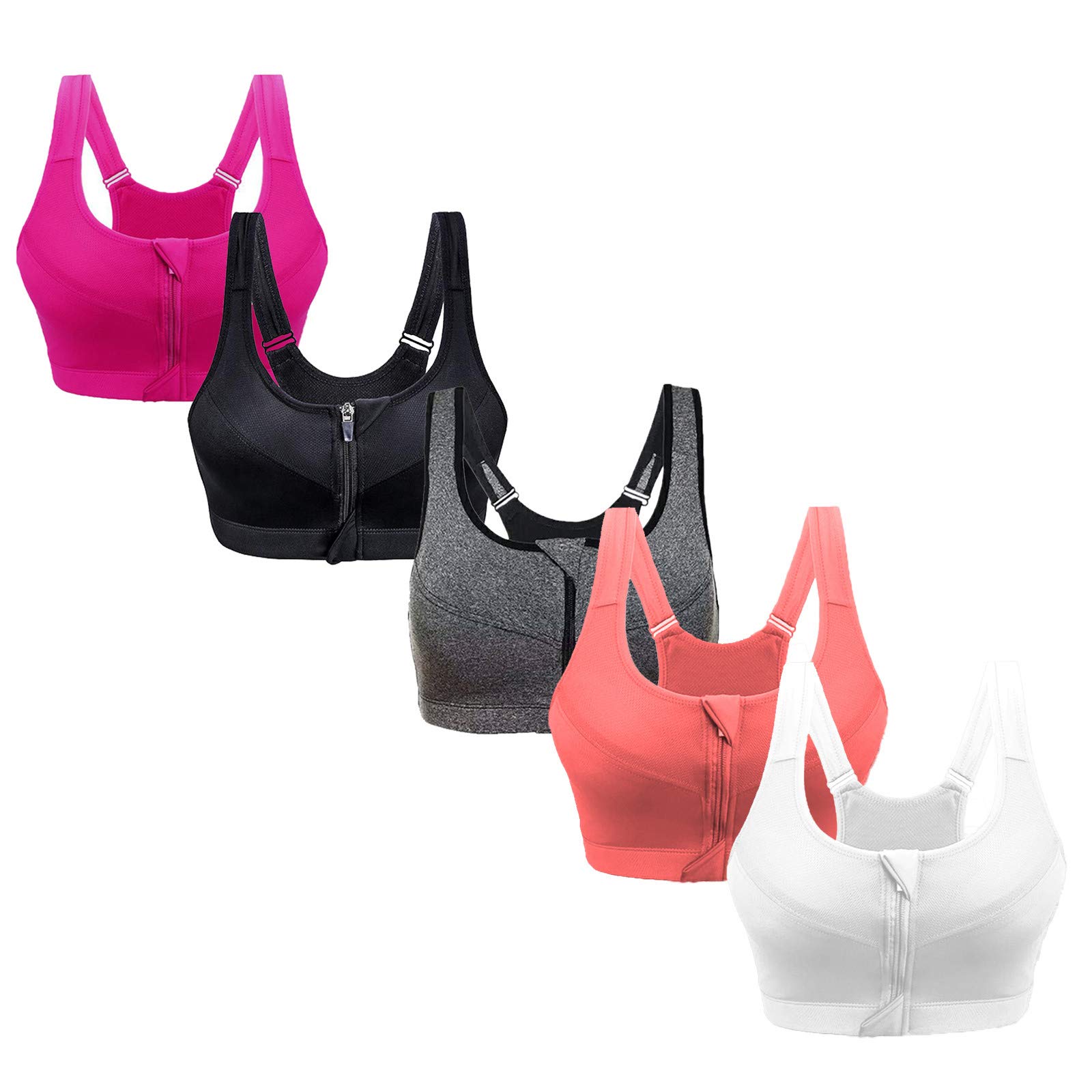 High Impact Zip Front Sports Bra - Criss Cross Back Yoga & Running Bra with Removable Padded Cups (5 Pack) | Perfect for Gym, HIIT Workouts & Active Lifestyle