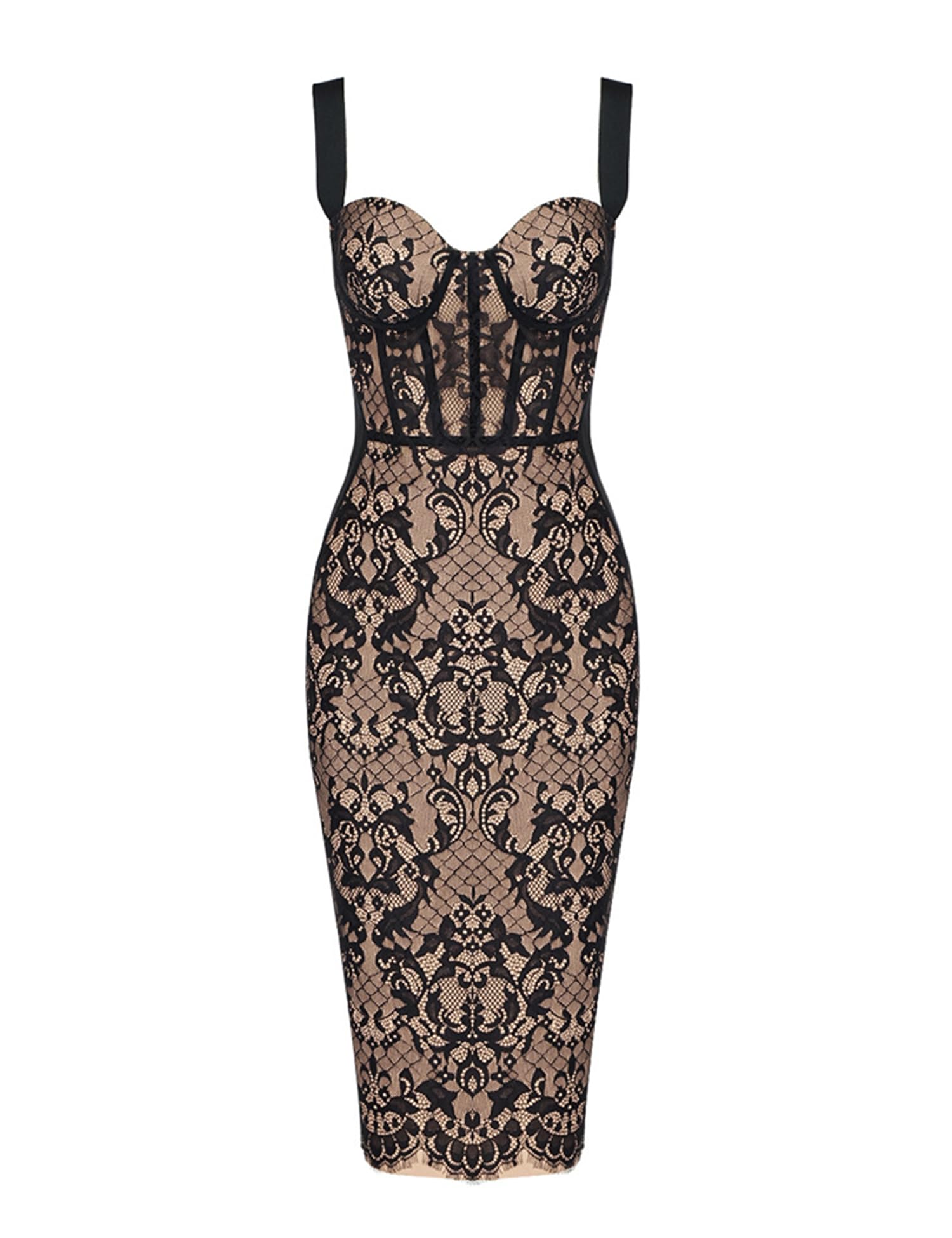 Elegant Lace Fishbone Midi Dress for Women - Back Slit Cocktail Party & Wedding Guest Dress - Perfect for Evening Events, Date Nights & Special Occasions