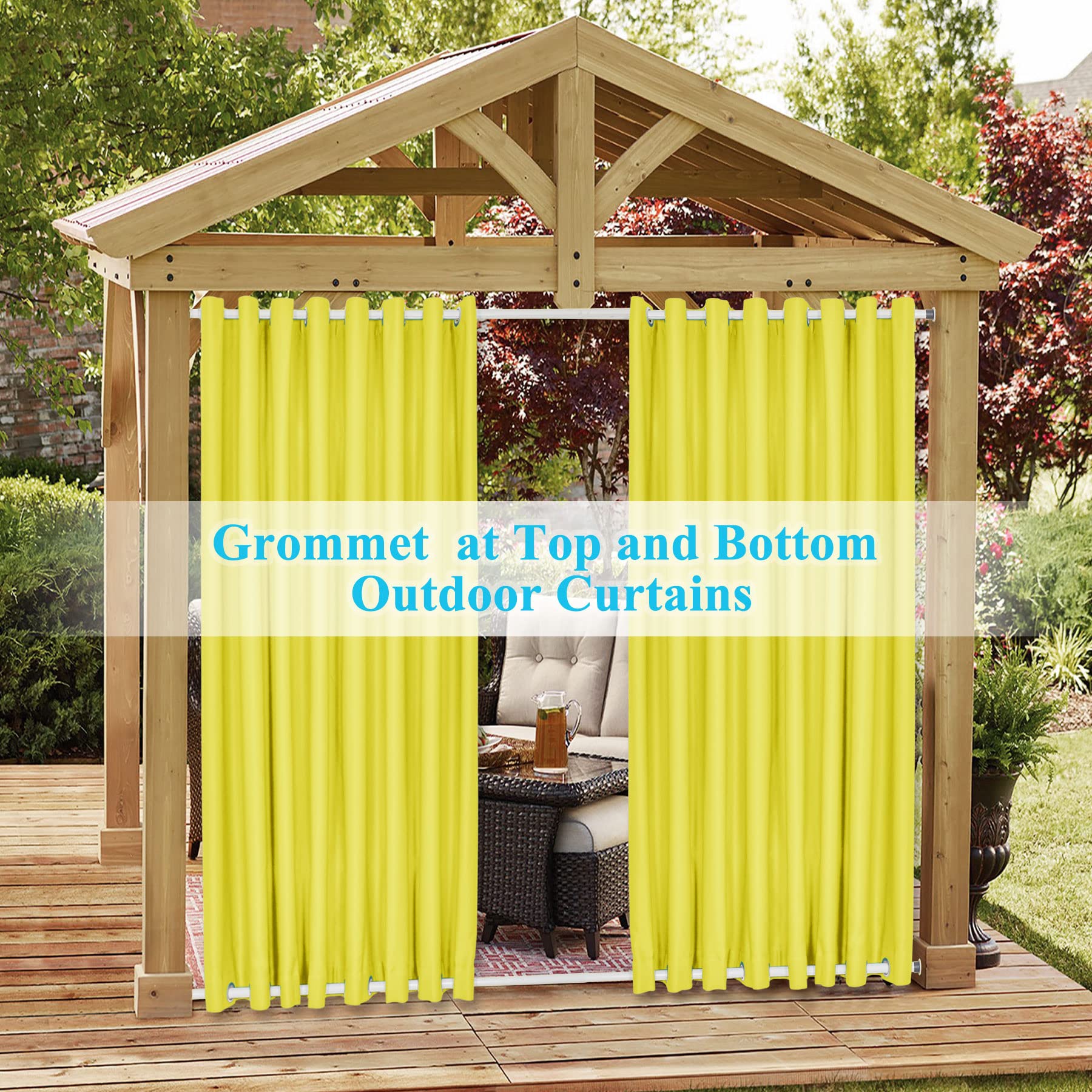Frelement Extra Wide Outdoor Curtains - Windproof & Privacy Protection - Rustproof Grommet Drapes for Gazebo, Pergola, Patio (150W x 102L, Yellow, 1 Panel) - Perfect for Outdoor Living Spaces & Sun Protection