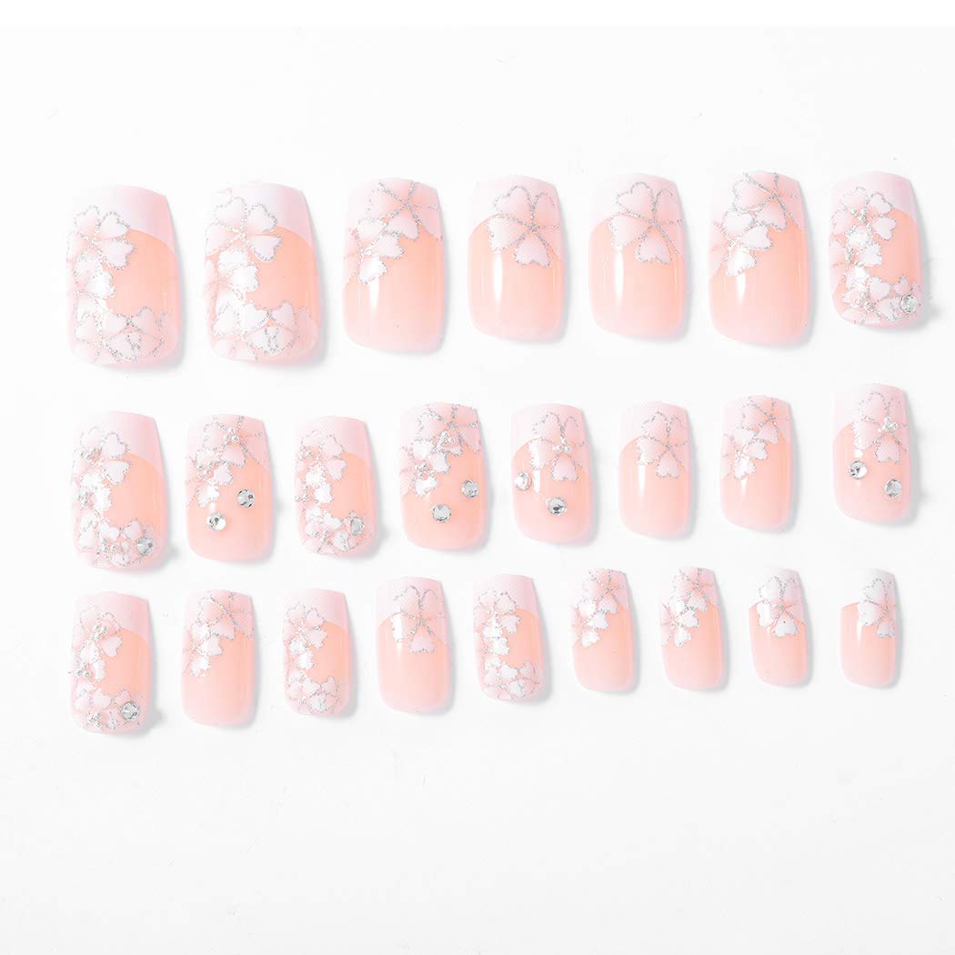 Sethexy 3D Rhinestone False Nails - 24Pcs Flower Wedding Acrylic Full Cover Fake Nails with Glitter Art Design for Women & Girls | Perfect for Bridal, Prom, Parties & Special Occasions
