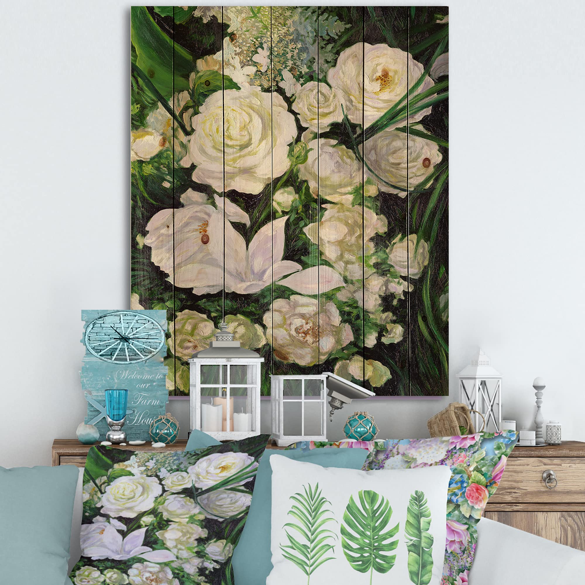 DesignQ White Roses Wood Wall Decor - Large Floral Wall Art Panel Printed on Natural Pine Wood - Perfect for Living Room, Bedroom, and Home Office Decoration