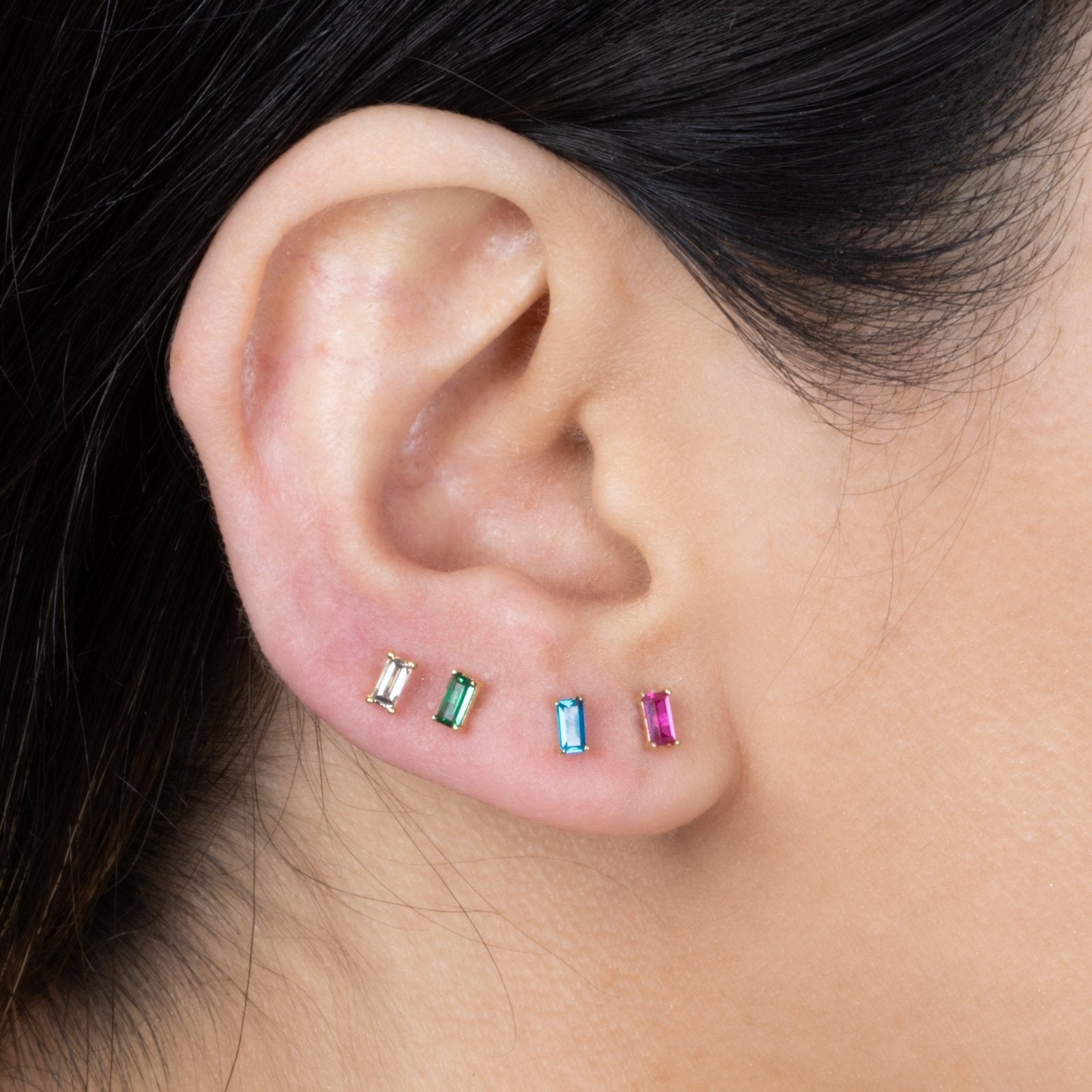 14k Yellow Gold Blue Topaz Baguette Stud Earrings - Flat Back Design for Sensitive Ears | Perfect for Daily Wear, Special Occasions & Gift Giving