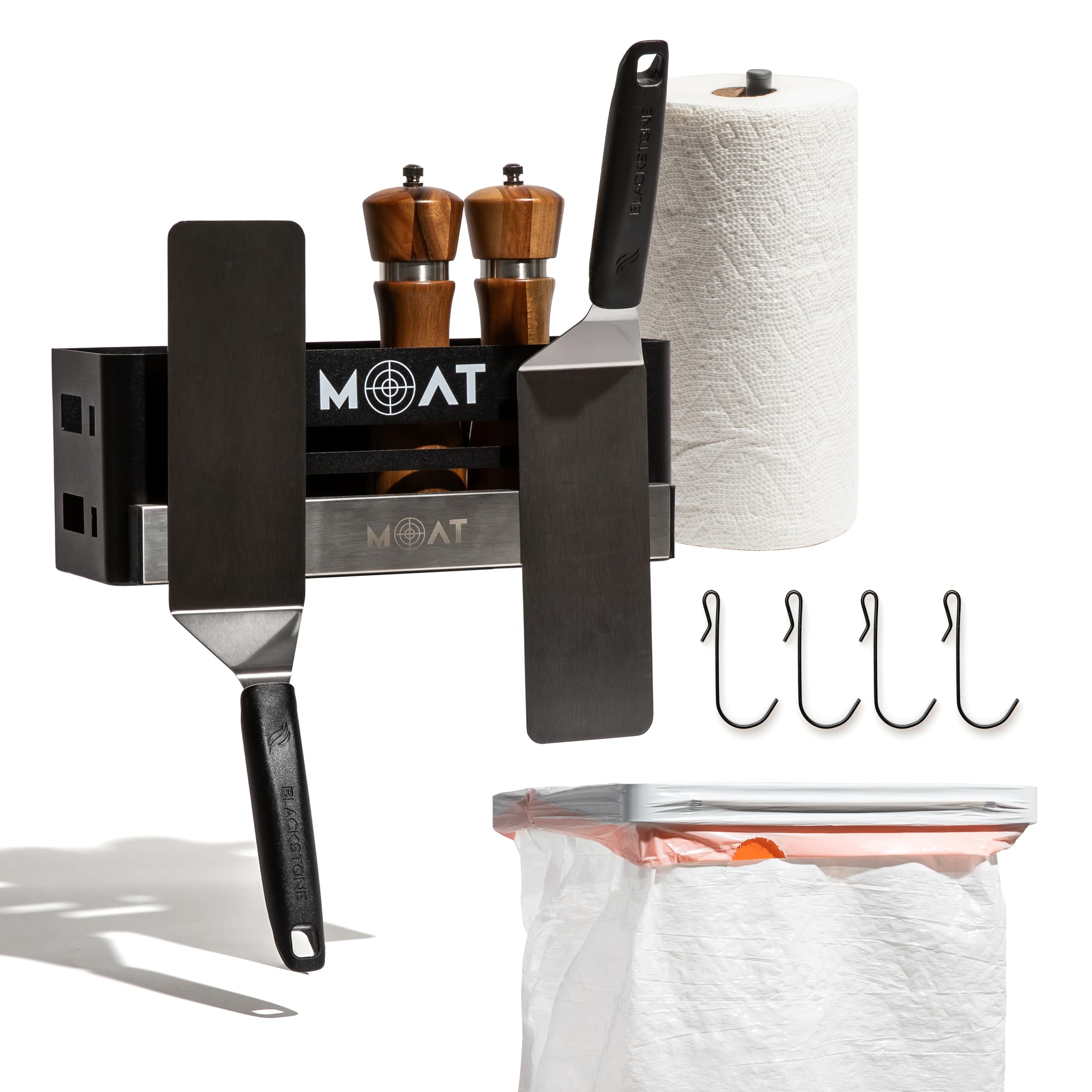 MOAT Grill & Griddle Caddy with Magnetic Utensil Holder & Large Trash Bag - Compatible with Blackstone Griddle & Weber Grill Accessories for Outdoor Cooking, Camping, Backyard BBQ and Tailgating Parties
