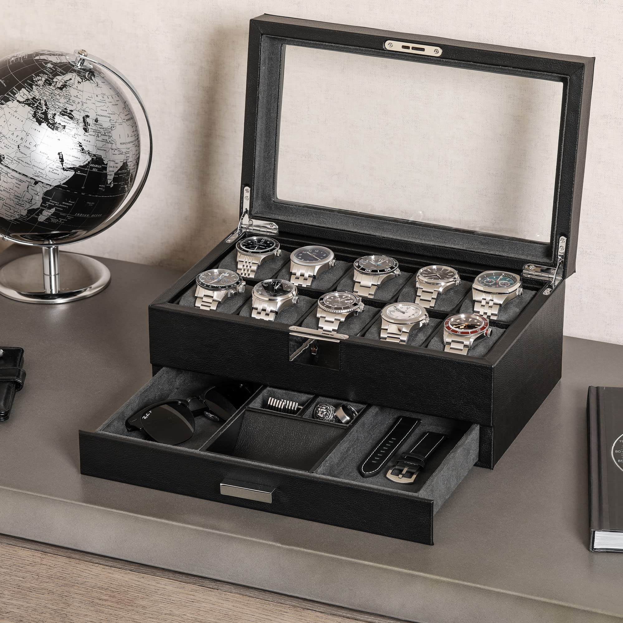 ROTHWELL 10-Slot Leather Watch Box with Valet Drawer - Luxury Watch Case Organizer with Ultra Soft Microsuede Liner, Jewelry & Sunglass Storage - Large Glass Top Display (Black/Grey) - Perfect for Watch Collectors & Gift Giving