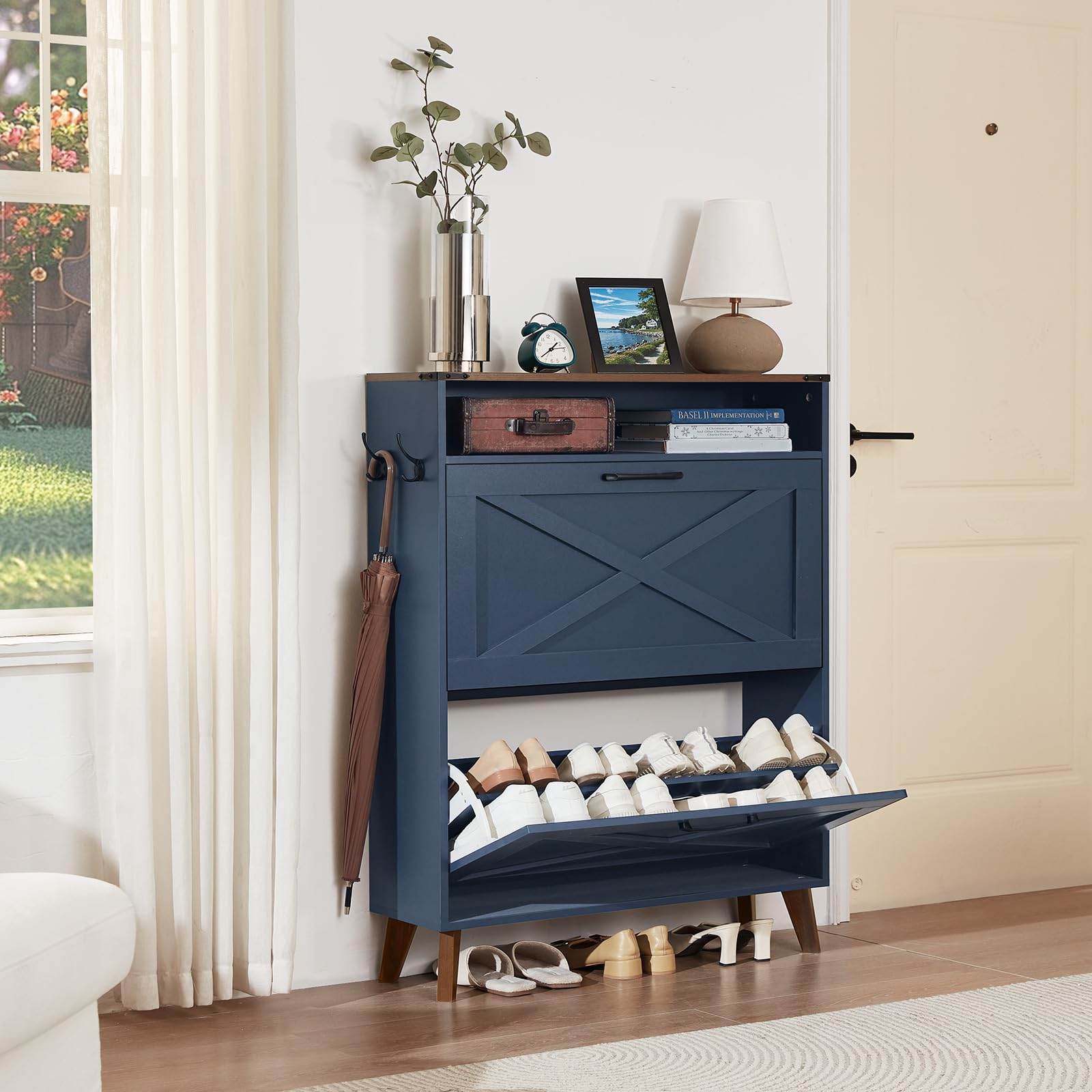 Farmhouse Shoe Storage Cabinet with 2 Flip Drawers - Narrow Hidden Shoe Organizer with Wood Legs & Open Storage - Free Standing Entryway Shoe Rack for Foyer, Hallway - Navy Blue - Perfect for Small Spaces & Clutter-Free Home Organization