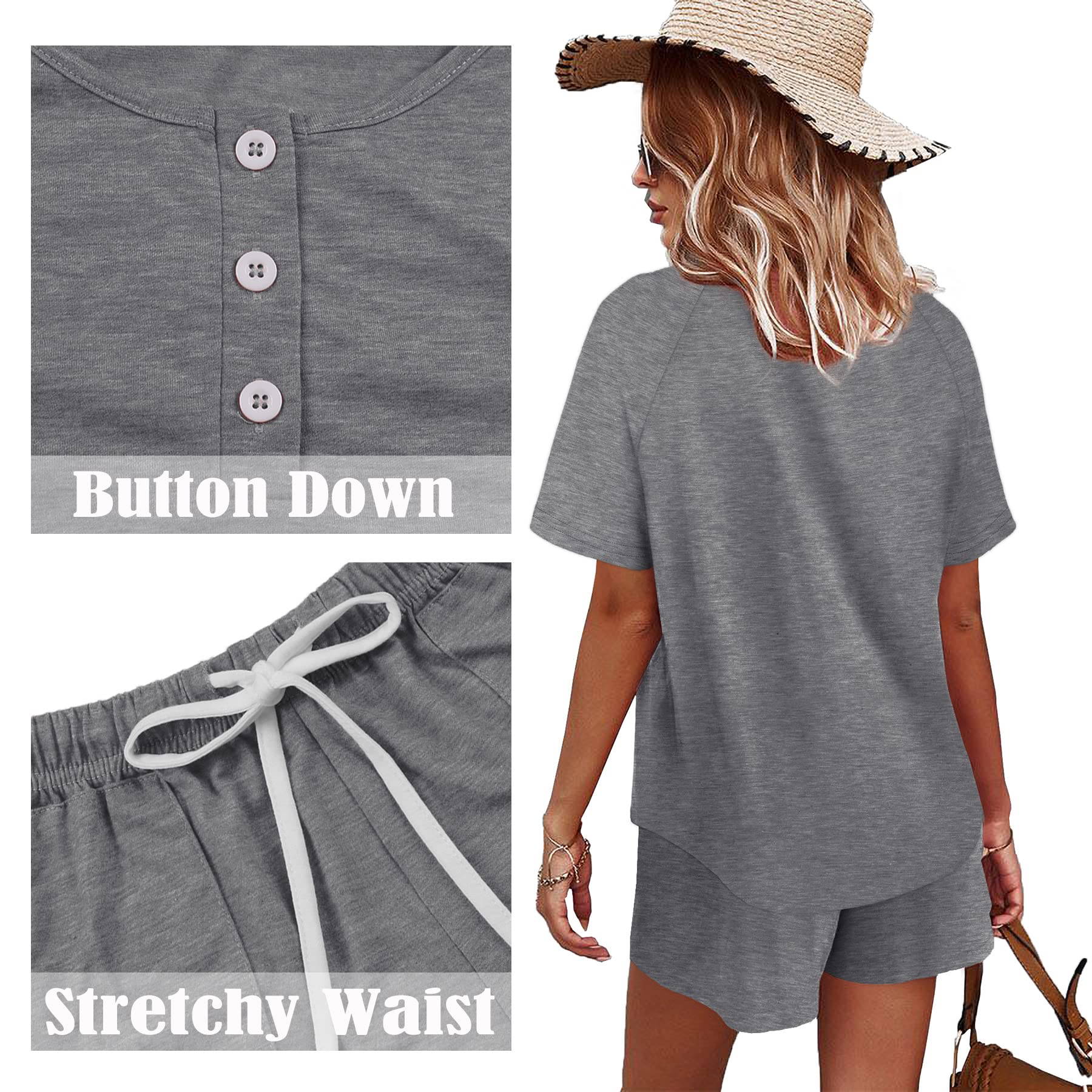 WIHOLL Women's 2-Piece Lounge Set - Button Down Top & Shorts with Pockets | Comfortable Sweatsuit for Home, Travel & Casual Outings