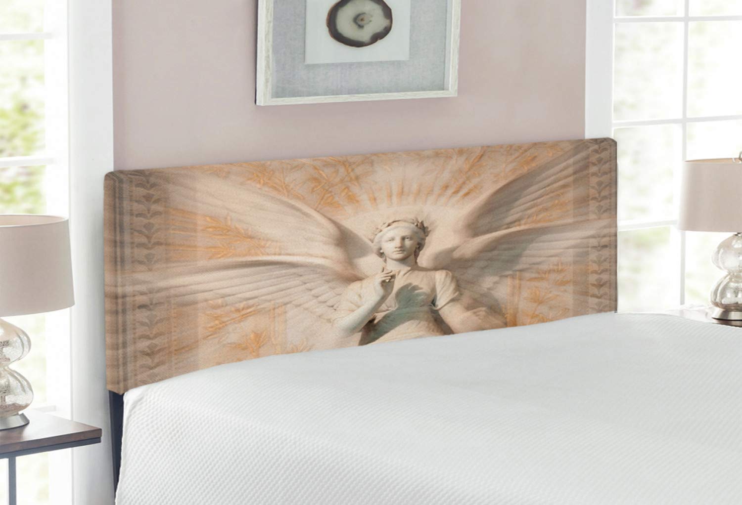 Ambesonne Vintage Retro Headboard - Medieval Angel Woman Mythical Design, Upholstered Decorative Metal Bed Frame with Memory Foam, Full Size in Yellow & White | Perfect for Gothic, Renaissance or Fantasy Themed Bedrooms