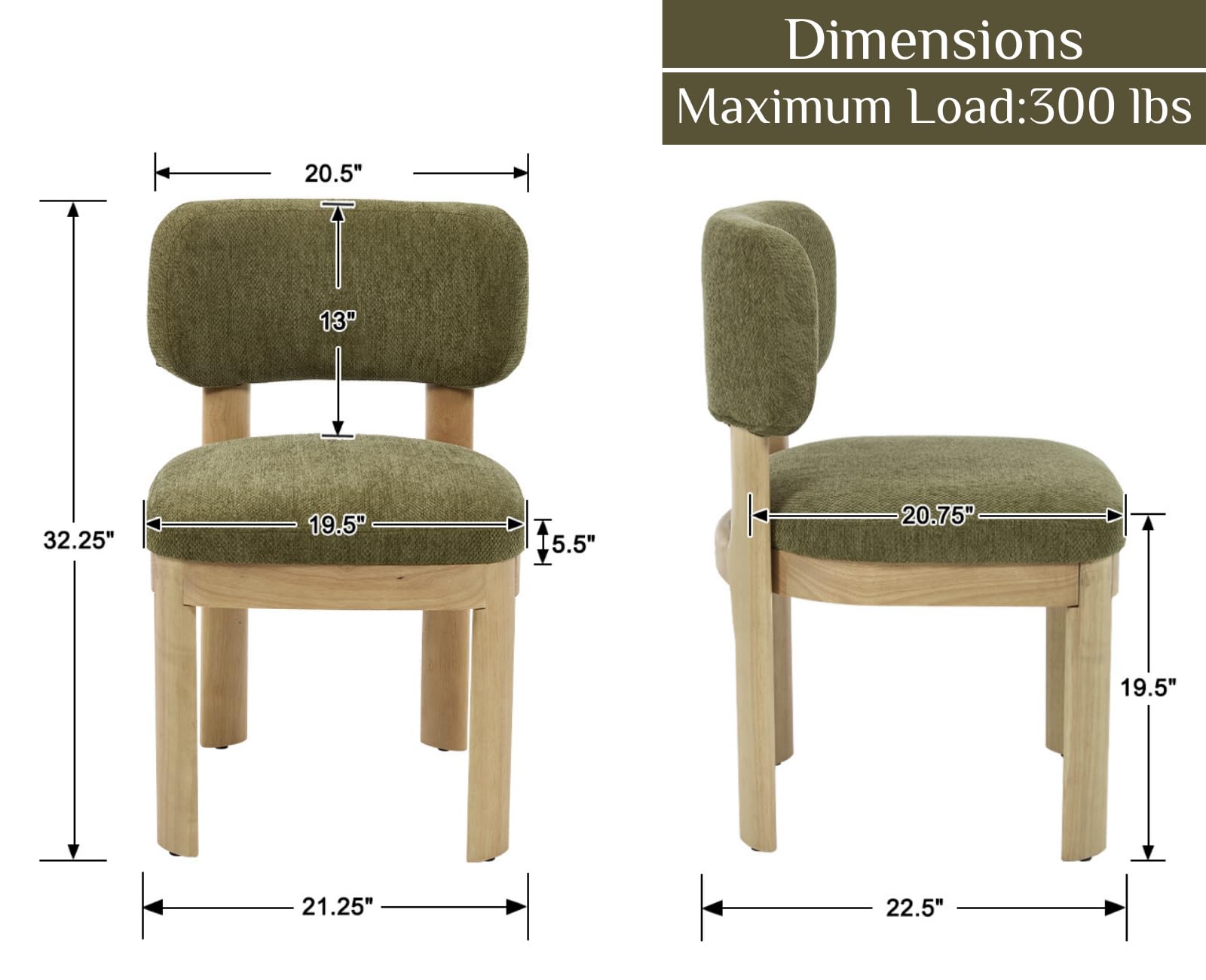 Mid Century Modern Dining Chairs Set of 2 - Green Upholstered Wooden Farmhouse Kitchen Chairs, Armless Accent Side Chairs for Dining Room & Living Room with Soft Chenille Fabric - Perfect for Home Decor & Entertaining