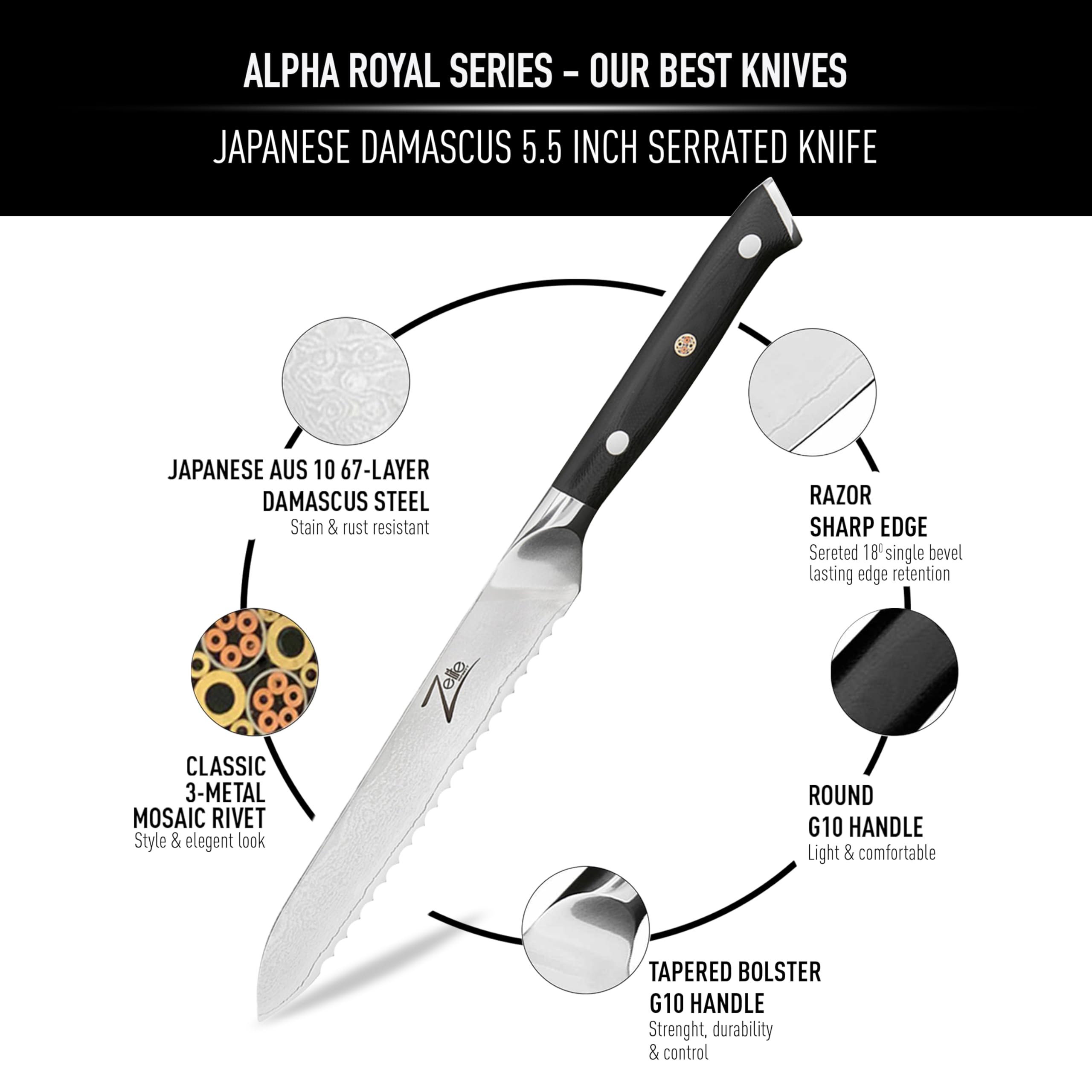 Zelite Infinity 5.5 Inch Serrated Bread Knife - Ultra Sharp Japanese AUS-10 Super Steel 67-Layer Damascus Blade - Perfect for Sourdough, Baguettes & Homemade Bread - Elegant Gift Box - Ideal for Bakeries, Kitchens & Bread Lovers