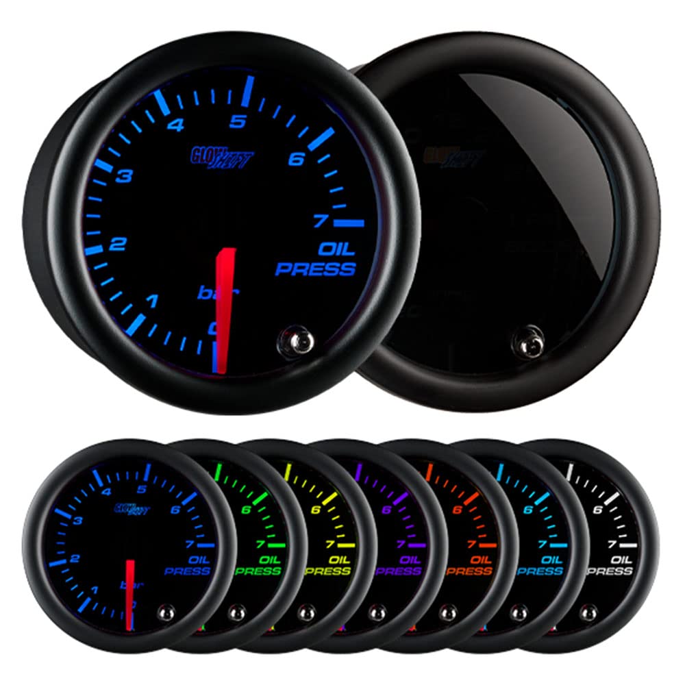 GlowShift 7 Color Tinted 7 BAR Oil Pressure Gauge Kit with Electronic Sensor - 2-1/16
