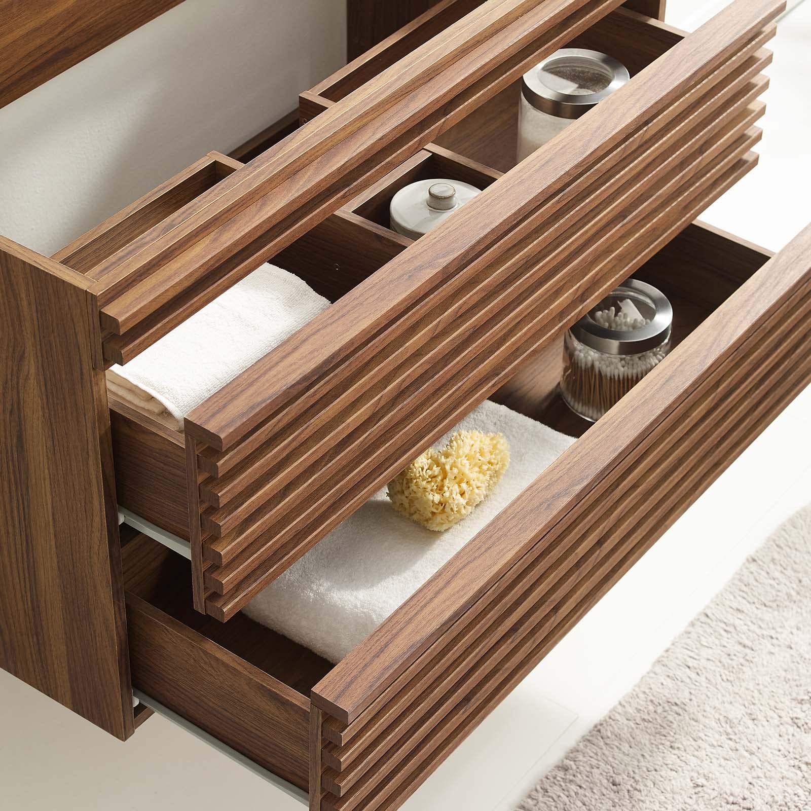 Modway Render 36 Inch Walnut Wall-Mounted Bathroom Vanity Cabinet with Mirror - No Sink Included | Modern Space-Saving Storage for Small Bathrooms & Powder Rooms