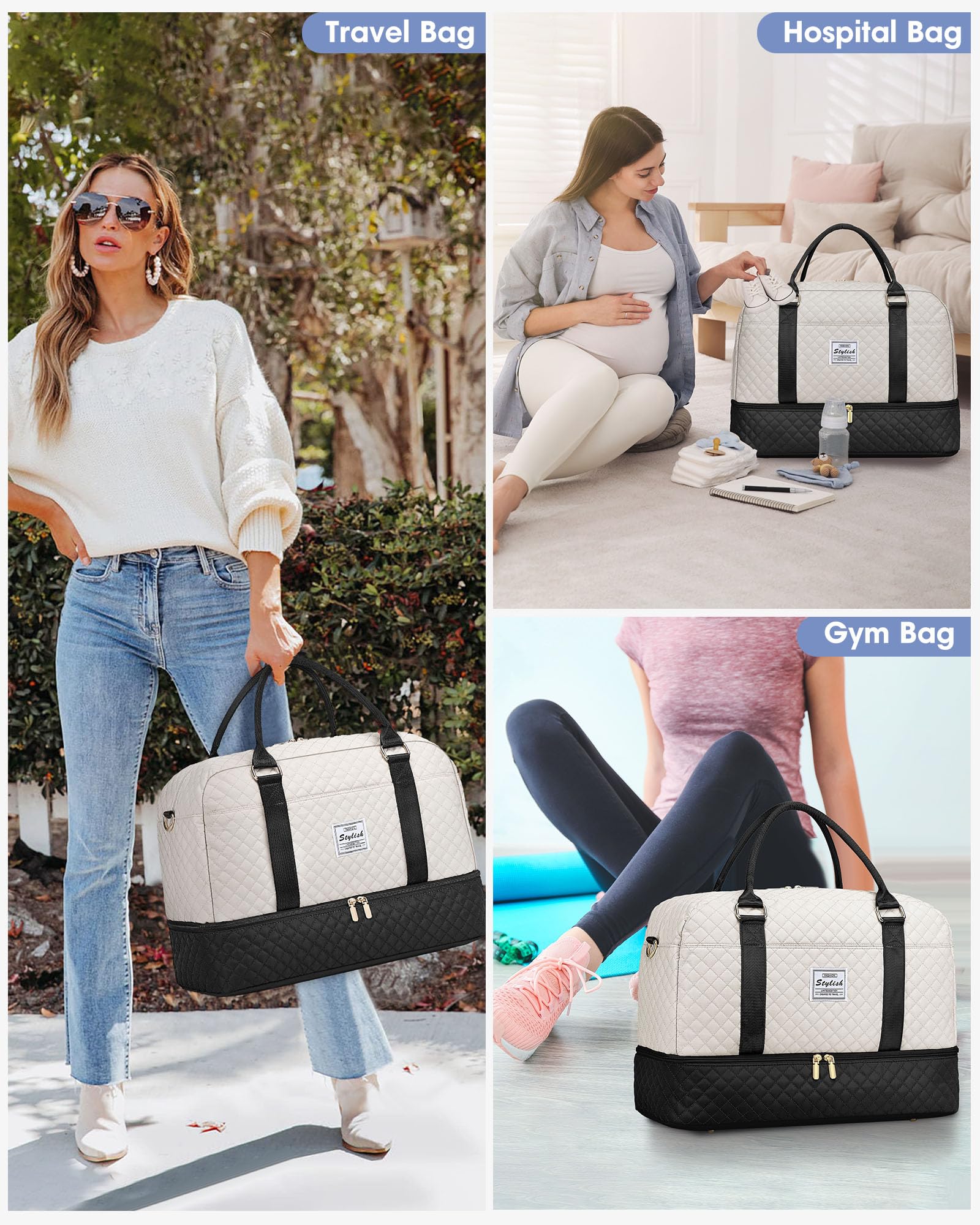 Women's Travel Weekender Bag with Shoe Compartment - Duffle Carry On Overnight Bag in Black & White | Perfect for Gym, Weekend Getaways & Business Trips
