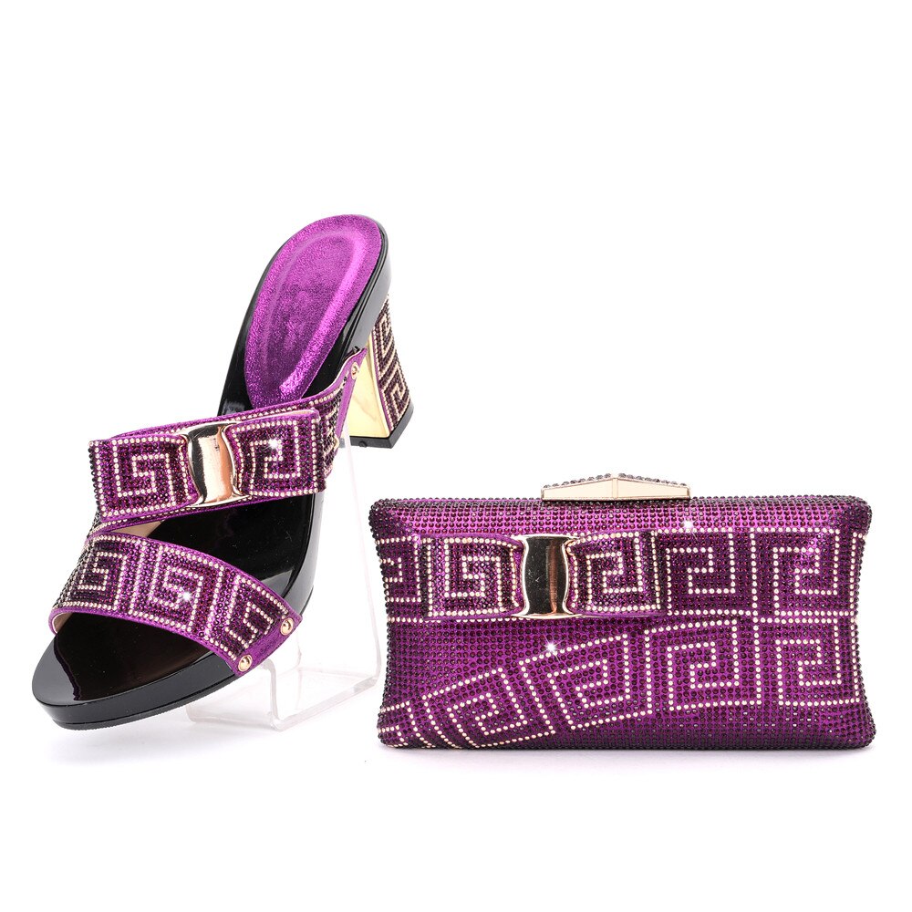 Elegant Rhinestone Slippers for Women with Matching Purse Set - Italian Style Square Heel Party Shoes and Handbag Combo for Weddings, Prom, Evening Events & Special Occasions