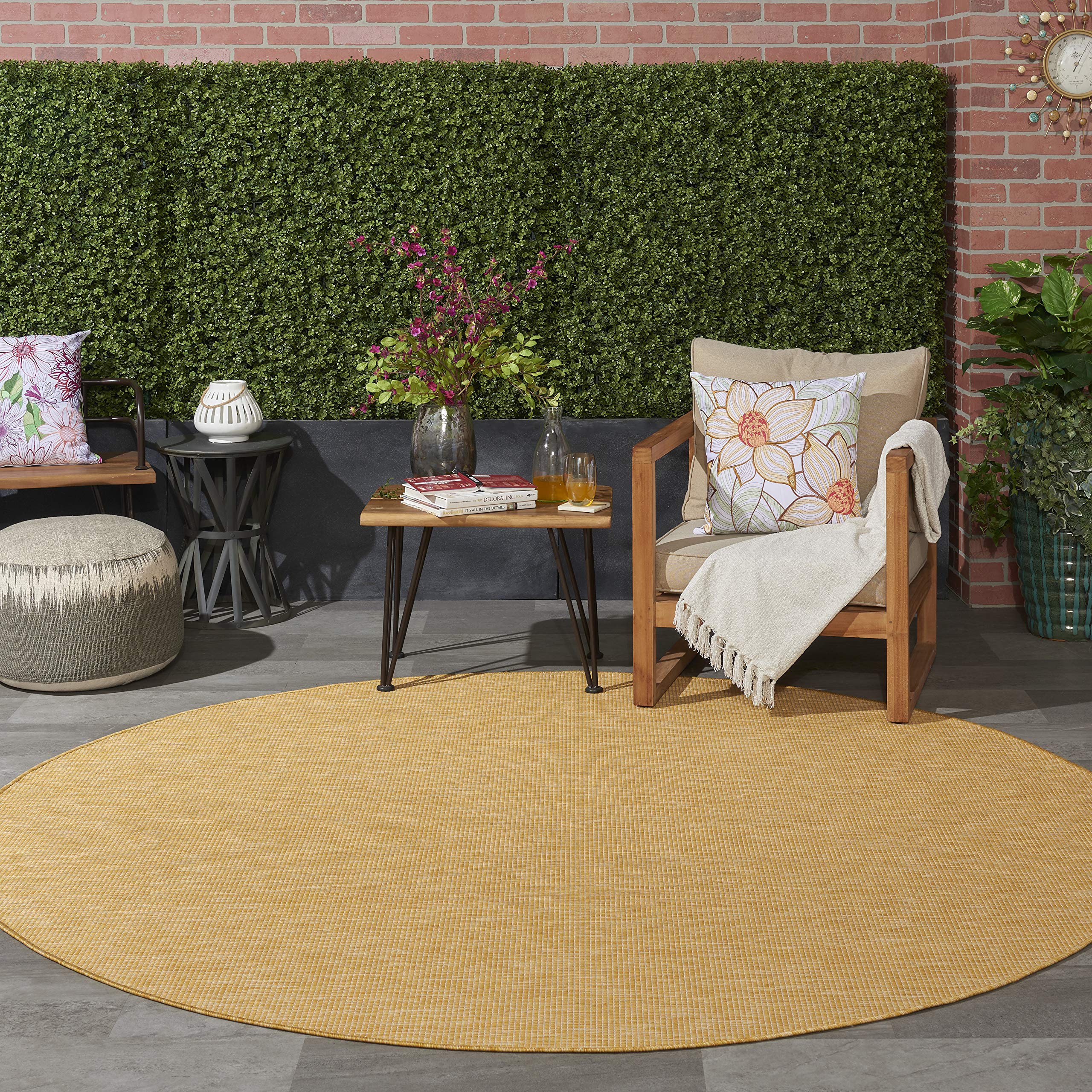 Nourison Positano 8' Round Indoor/Outdoor Area Rug - Yellow, Easy to Clean, Non-Shedding for Bedroom, Living Room, Dining Room | Perfect for Backyard, Deck & Patio Use