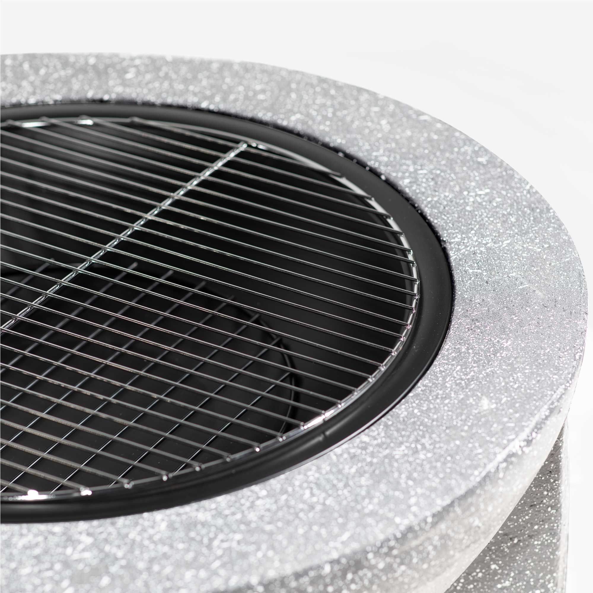 Round 75cm Magnesium Oxide Fire Pit with BBQ Grill & Safety Mesh Screen - Light Grey Outdoor Fireplace for Backyard, Patio, and Camping (DG190)