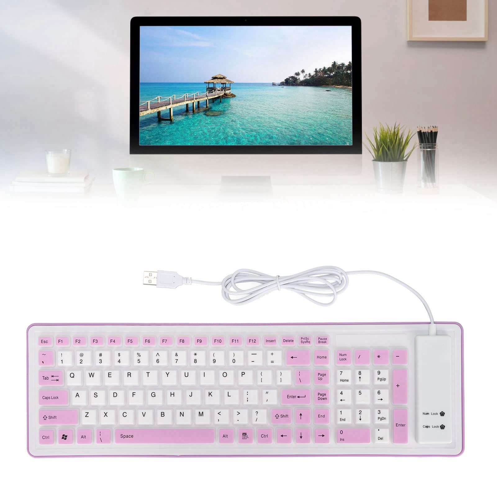 103-Key Foldable Silicone Keyboard - Wired USB Silent Soft Touch Waterproof Rollup Keyboard for PC & Laptop - Perfect for Office, Travel, and Home Use