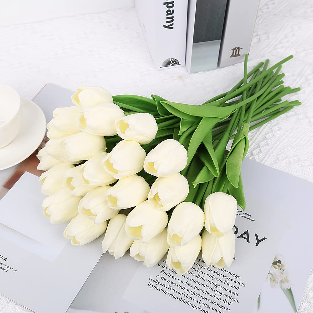 24PCS IPOPU Real Touch Artificial Tulips Flowers - Cream Faux Tulip Decor for Home, Table Centerpieces, Baby Shower & Wedding Arrangements | Lifelike Fake Flowers for Vase, DIY Crafts & Seasonal Decor (Off White)
