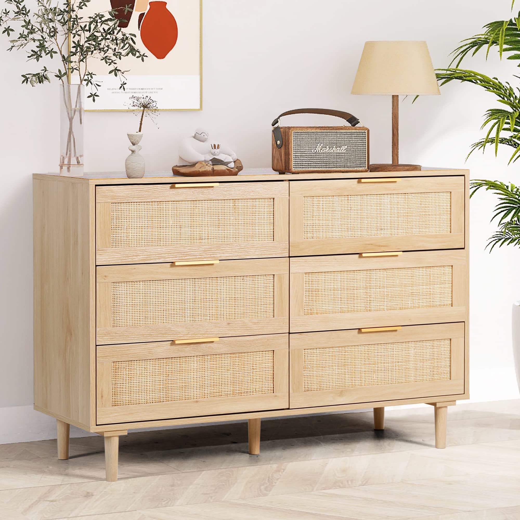 6-Drawer Rattan Dresser - Modern Wooden Storage Chest for Bedroom, Living Room & Hallway | Natural Rattan Finish | Perfect for Organizing Clothes, Bedding & Home Decor