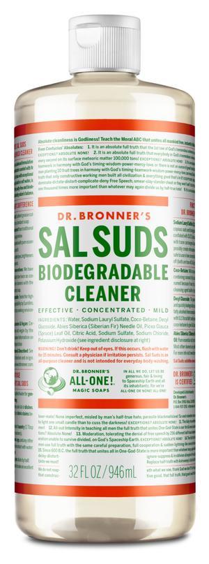 **Dr. Bronner's Pure-Castile Liquid Soap & Sal Suds - Organic, Vegan, Multipurpose Cleaner for Body, Home & Laundry**    **Use Scenes:** Perfect for showering, dishwashing, house cleaning, pet care, and eco-friendly laundry.
