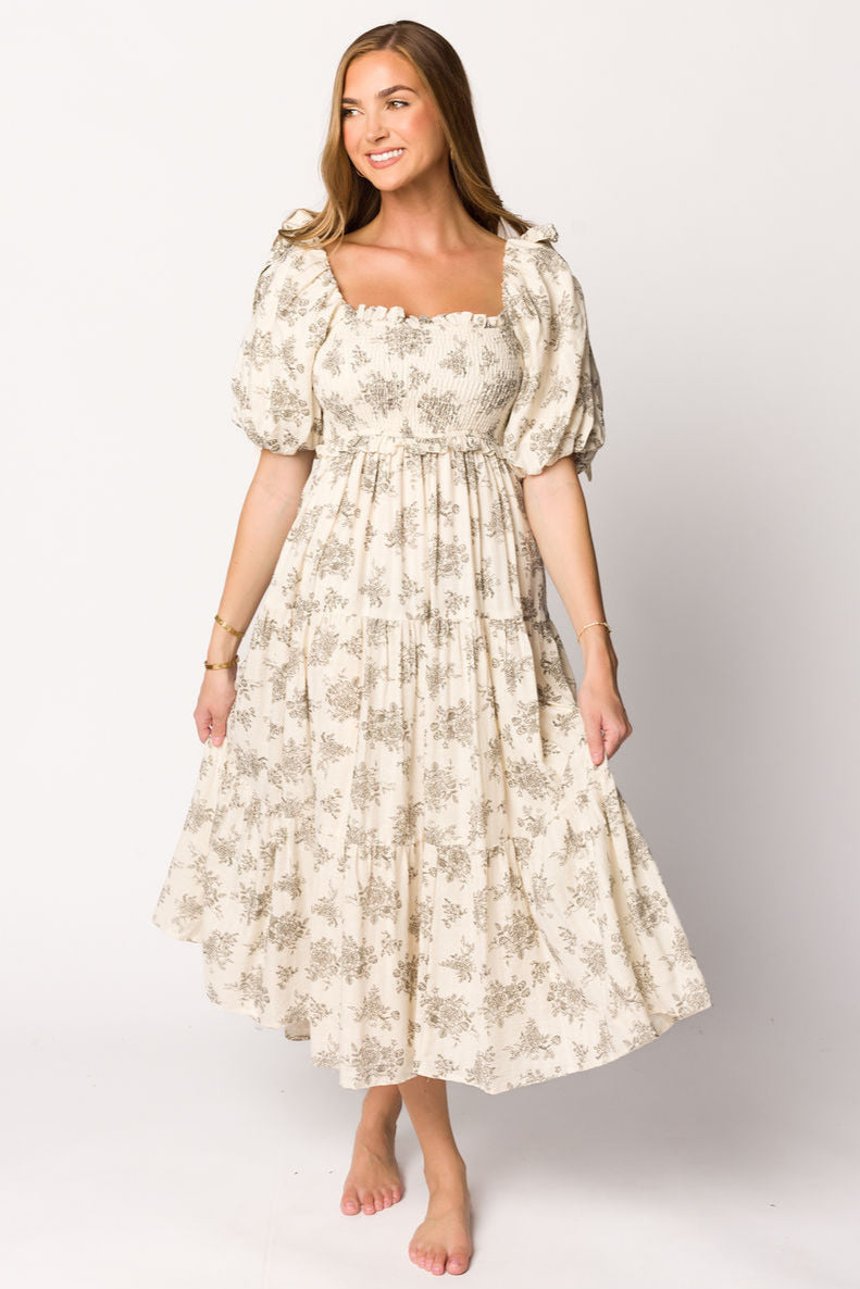 Elena Floral Toile Print Smocked Maternity Midi Dress in Ivory - Bump Friendly Summer Dress for Baby Shower, Brunch & Special Occasions