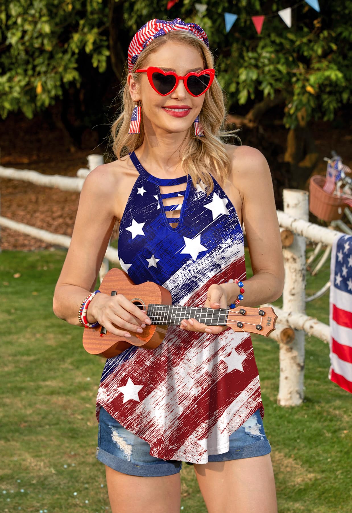 Maisolly Women's 4th of July USA Flag Keyhole Tank Top - Patriotic Independence Day Outfit for BBQ, Beach & Summer Festivals