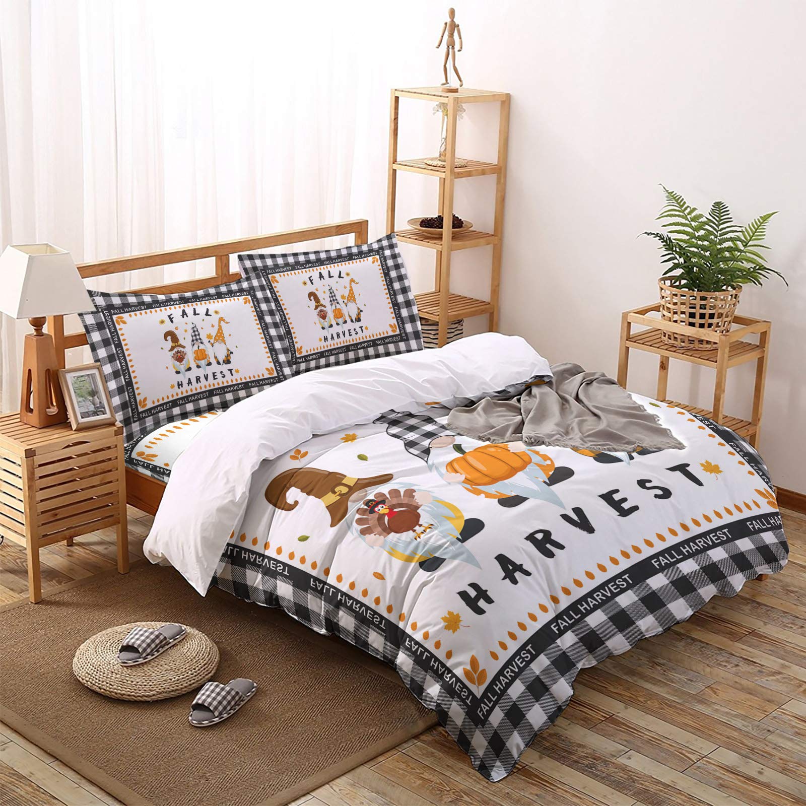 4-Piece Harvest Gnome Pumpkin Duvet Cover Set - Black and White Plaid Ultra Soft Bedding for Queen Size Bed with Zipper Closure & Corner Ties - Cozy Farmhouse Bedroom Decor for Fall & Winter Seasons