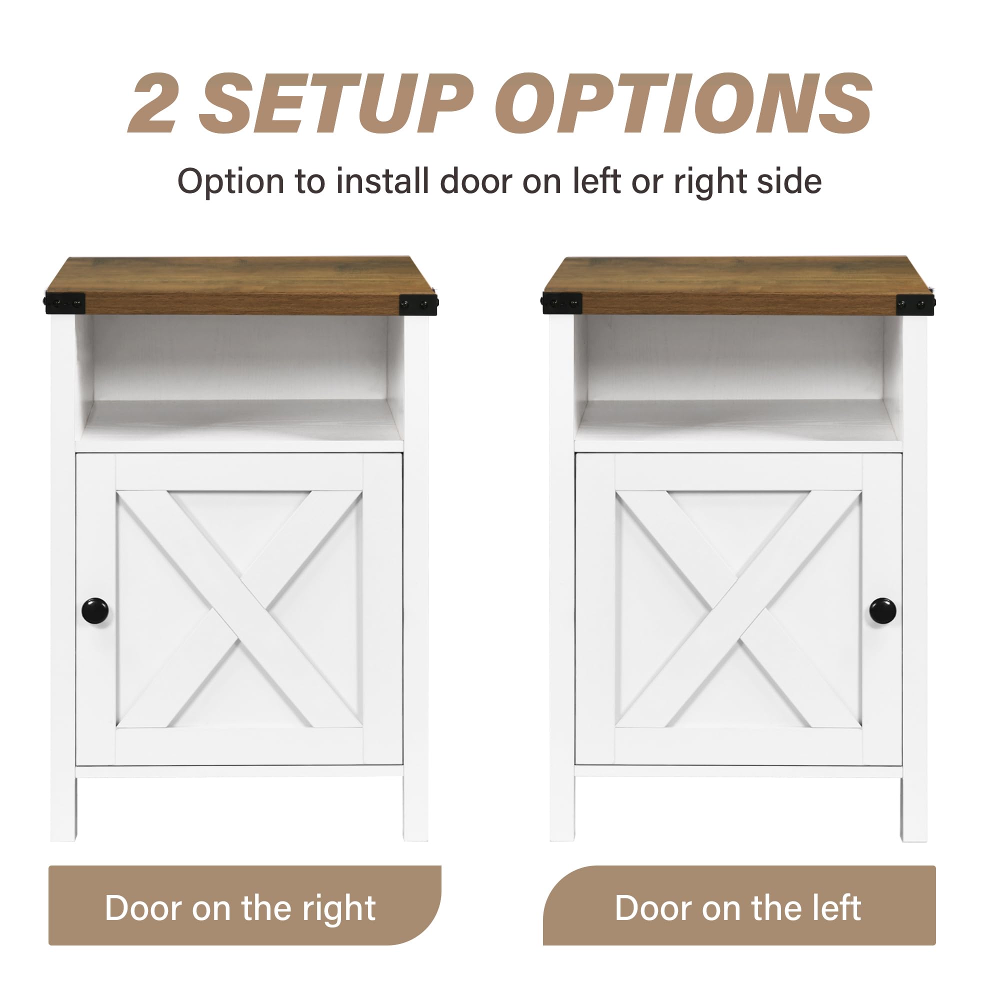 Farmhouse End Table Set of 2 - Rustic Night Stand with Barn Door & Storage Shelf - White Side Table for Bedroom, Living Room - Perfect for Farmhouse Decor & Small Space Storage