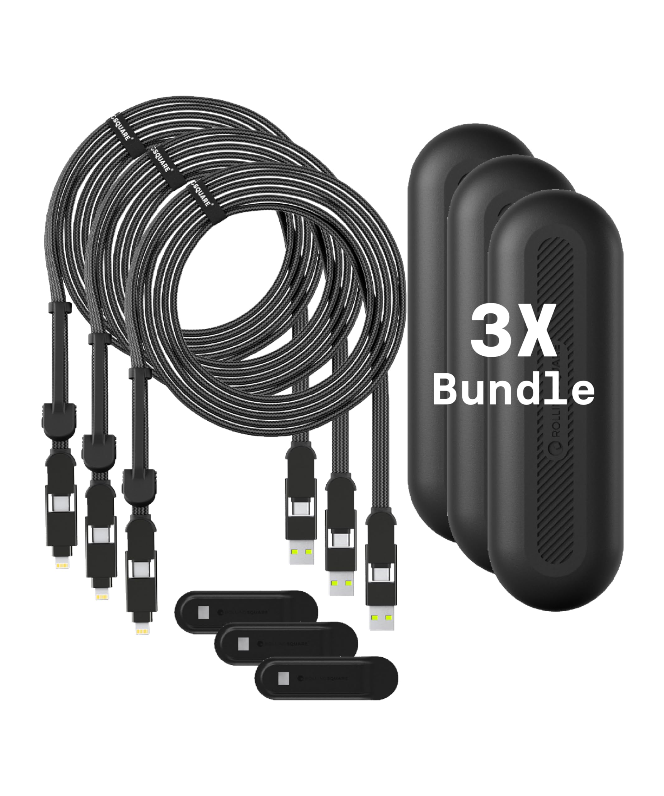 Rolling Square New inCharge XL 6-in-1 Multi Charging Cable (3-Pack) - 100W Ultra-Fast Charging, 10ft/3m USB & USB-C Cable for iPhone, Android, MacBook - Portable Charger for Travel, Home & Office Use - Black