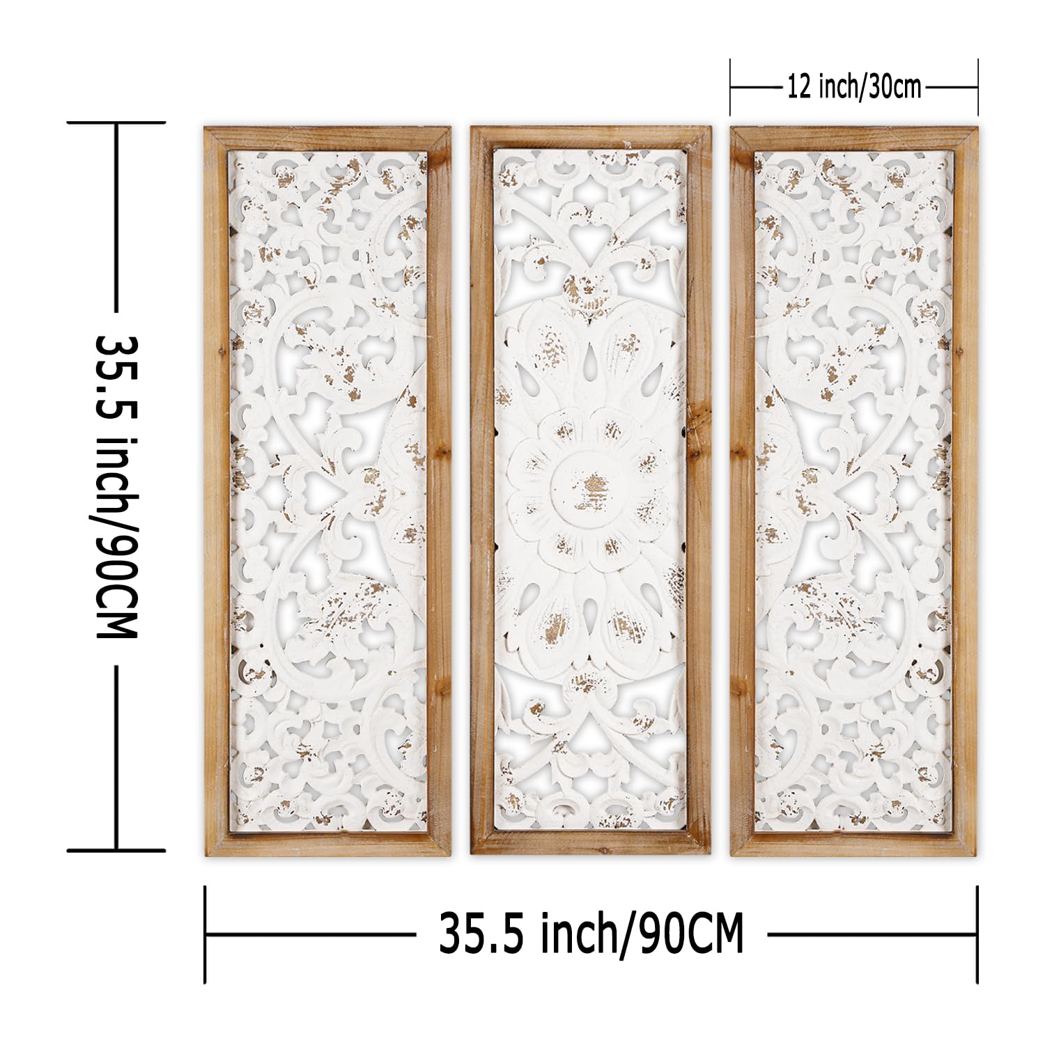 Hand-Carved Wood Wall Art Decor - 35.5 Inch Antique Distressed White Wood Panels, 3-Panel Decorative Sculpture for Living Room, Bedroom & Office | XIAOAIKA Elegant Wood Wall Plaque Hanging Décor