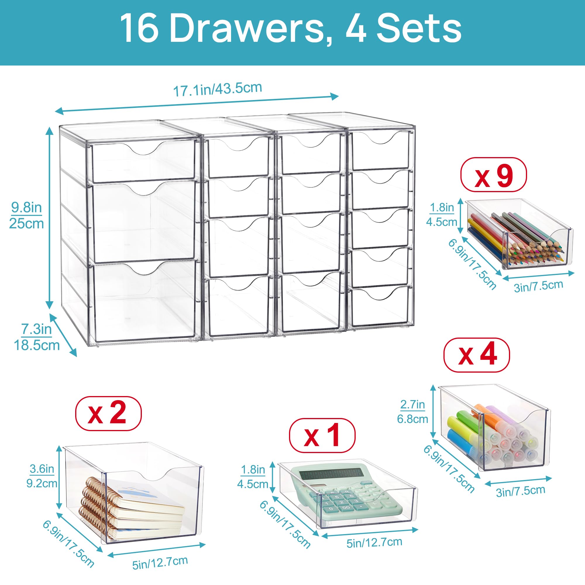 Vtopmart 16-Drawer Acrylic Organizer Set (4 Pack) - Clear Storage for Office Supplies, Makeup, Jewelry & Art Crafts | Perfect for Desk Organization, Home & Office Use