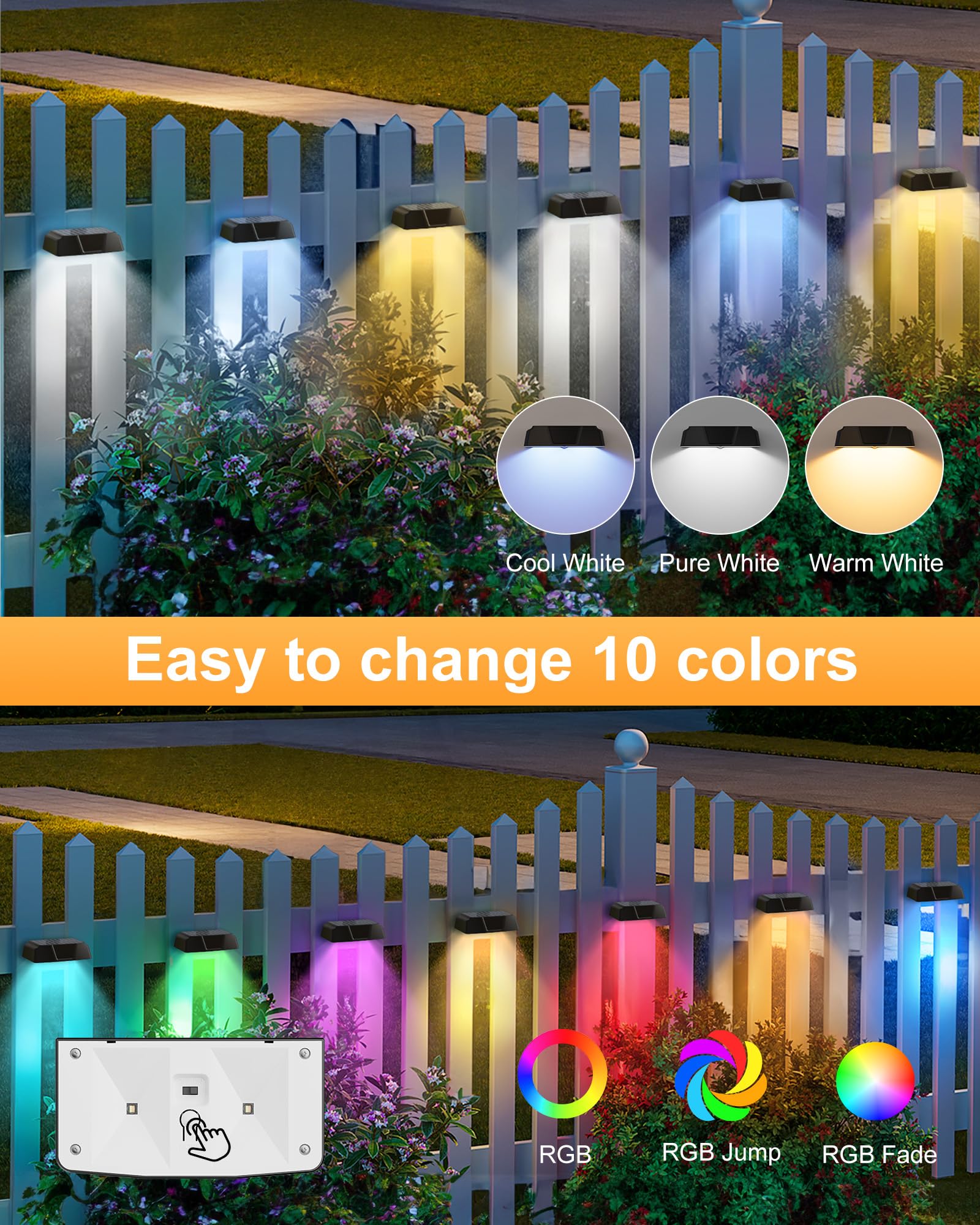 Brightown 6 Pack Solar Fence Lights Outdoor - Waterproof Deck Lights with Warm White, Cool White & 7 RGB Colors, Fade/Jump Modes - Perfect for Yard, Garden, Pathway, and Patio Lighting