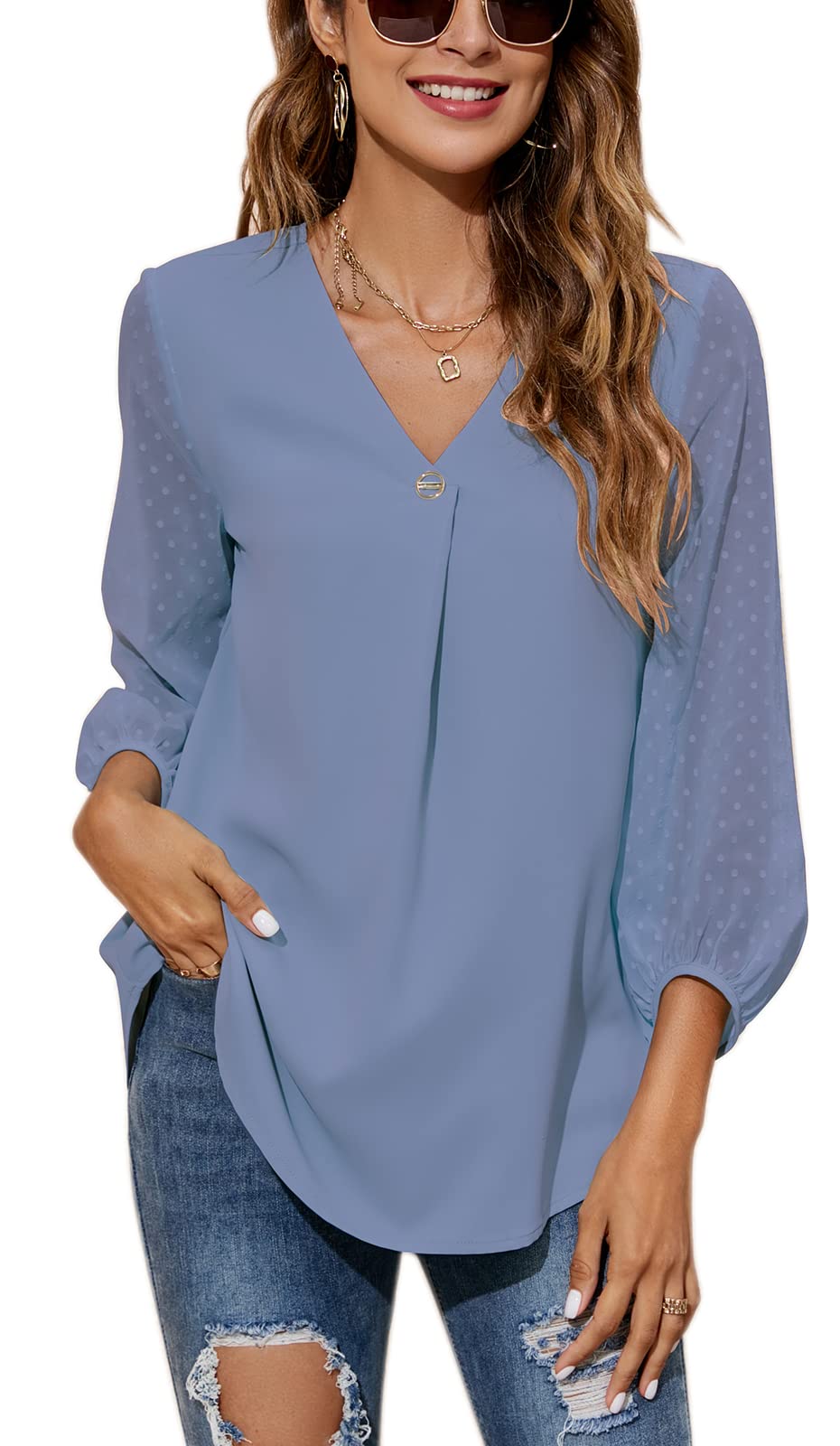 POGTMM Women's Summer Chiffon Blouse - Floral V-Neck 3/4 Sleeve Loose Tunic Top for Casual & Business Wear | Office, Dating, Party Outfits