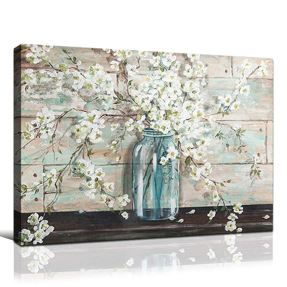 Floral Canvas Wall Art - White Flowers in Mason Jar Watercolor Print, Rustic Farmhouse Decor for Bathroom, Kitchen & Dining Room, Framed 24x36 Inches - Perfect for Home, Office & Gift Giving