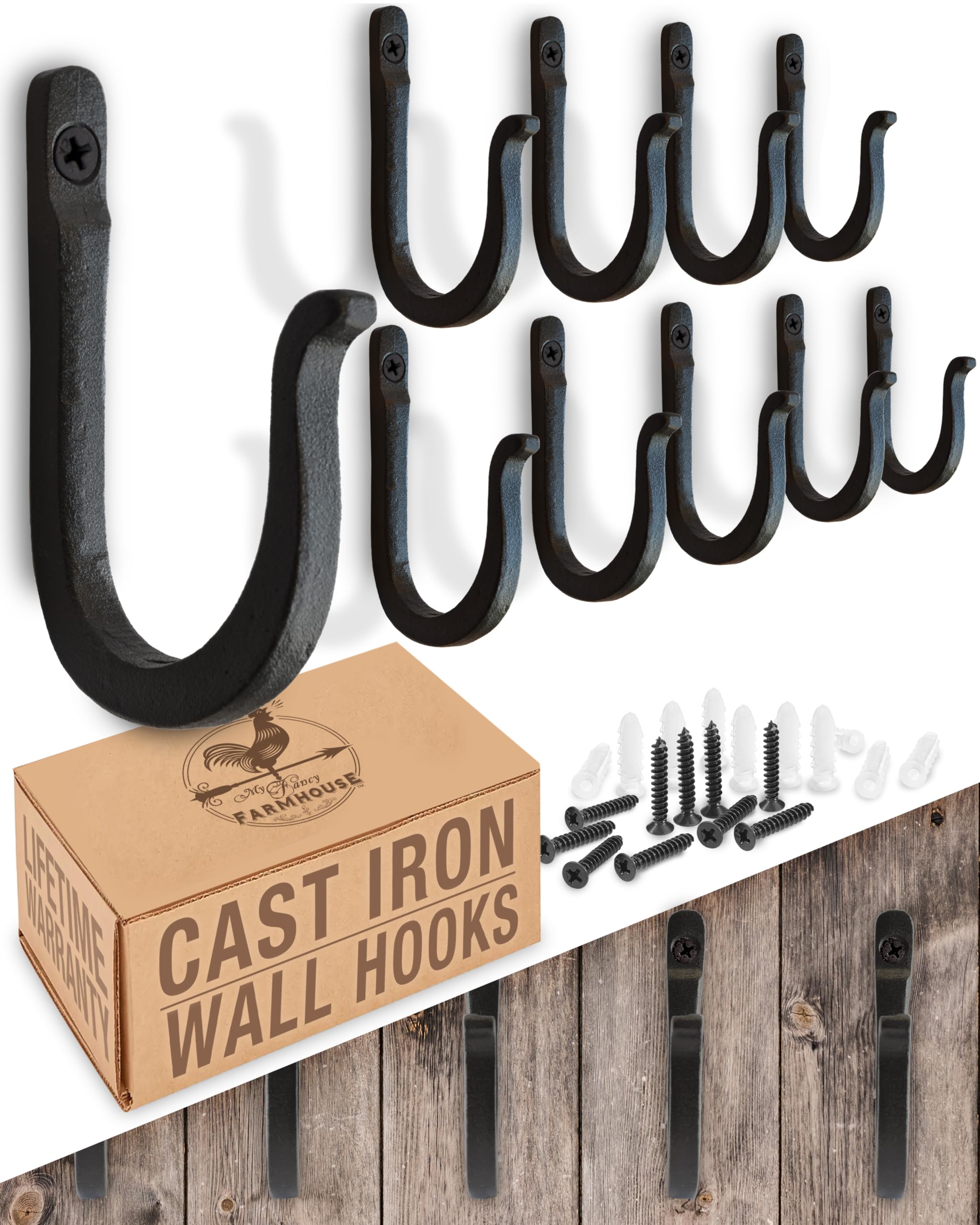 Vintage Cast Iron Railroad Spike Wall Hooks (10 Pack) - Handmade Blacksmith Farmhouse Decor, Heavy Duty Wall Mounted Hooks for Coats, Bags, Hats, Pots & Kitchen Utensils - Perfect for Rustic Home, Pantry, Entryway & Garden Organization (Black)