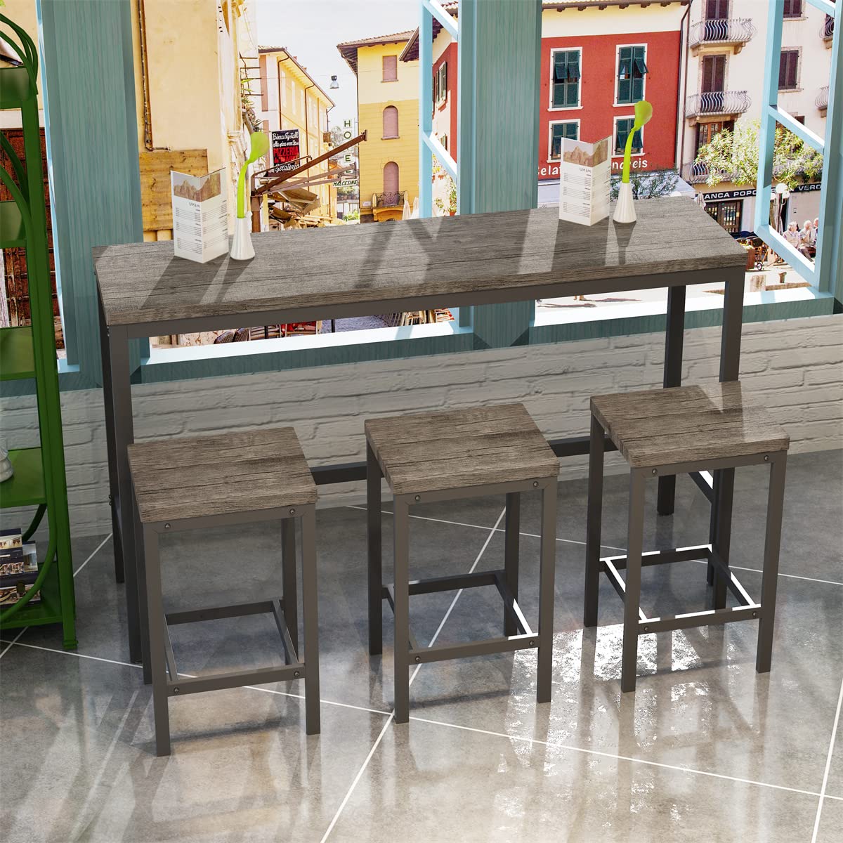 TRIPLE TREE 4-Piece Counter Height Dining Set - Rustic Brown Gray Bar Table with 3 Stools & Footrest - Perfect for Kitchen, Living Room & Pub Settings - Ideal for Entertaining, Casual Dining & Small Space Decor