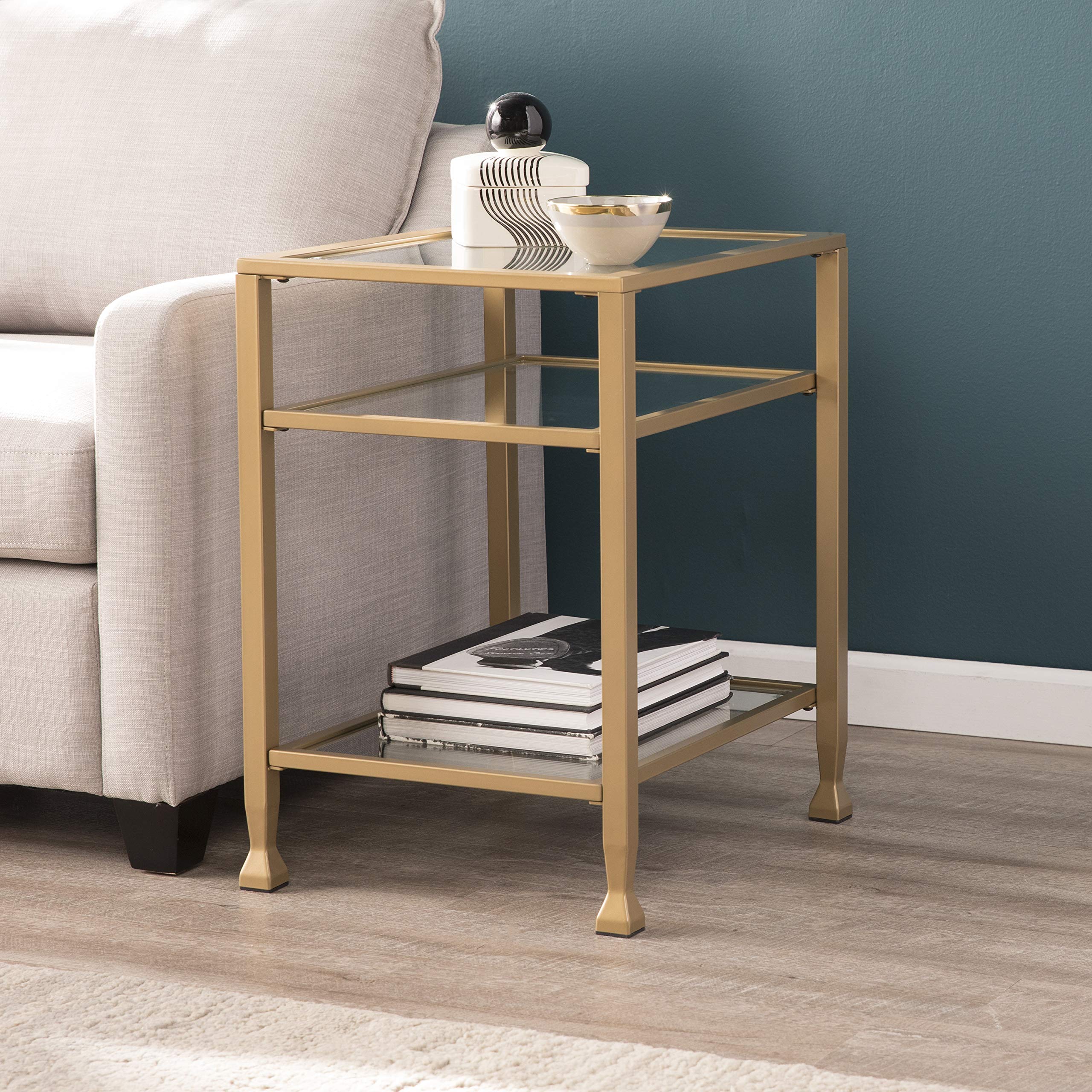 SEI Furniture Jaymes Metal & Glass 3-Tier End Table - Soft Gold Finish, Modern Side Table for Living Room, Bedroom & Office Decor