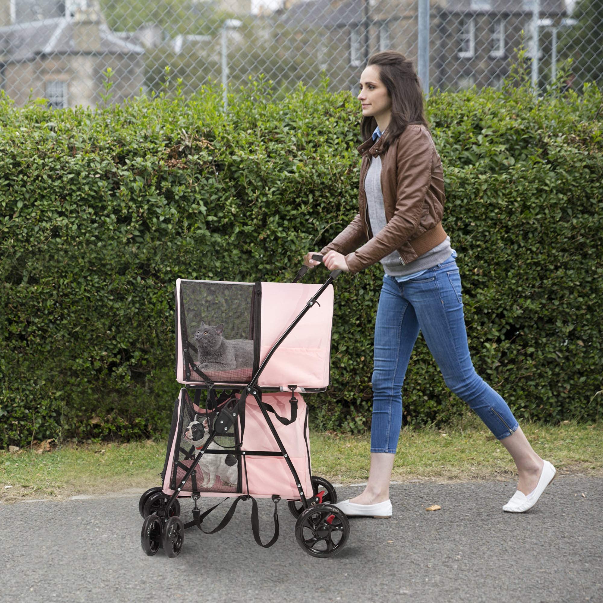 LUCKYERMORE Double Pet Stroller for Dogs & Cats - 4-Wheel Foldable Design with 2 Detachable Carrier Bags | Travel Carrier for Small & Medium Pets | Perfect for Park Walks, Vet Visits & Shopping Trips (Pink)
