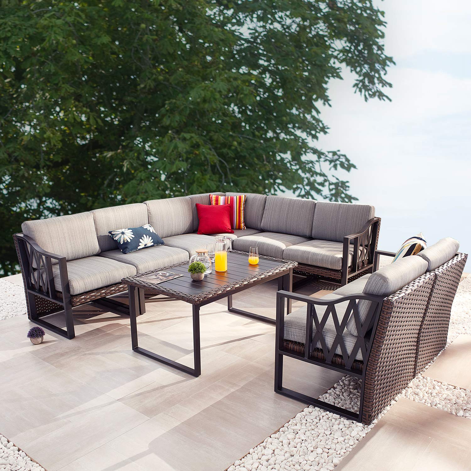 PatioFestival 9-Piece Modular Outdoor Wicker Conversation Set with Thick Olefin Cushions - Waterproof Patio Furniture Sofa for Garden, Poolside & Backyard Relaxation