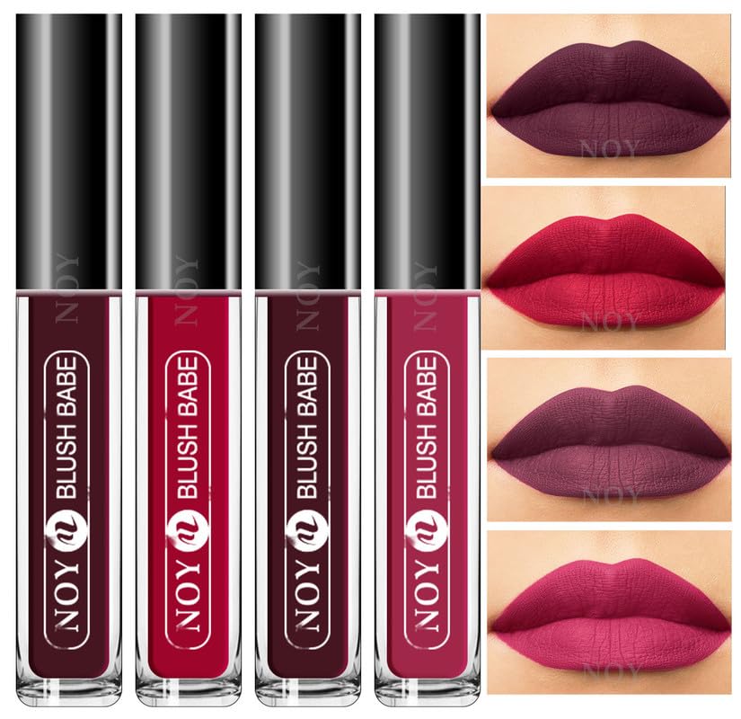 NOY Galactic Glam Waterproof Matte Liquid Lipstick Set of 4 - Long Lasting Vegan Lipstick in Wine, Pink, Coffee Wine & Purple Shades for Parties, Date Night & Special Occasions