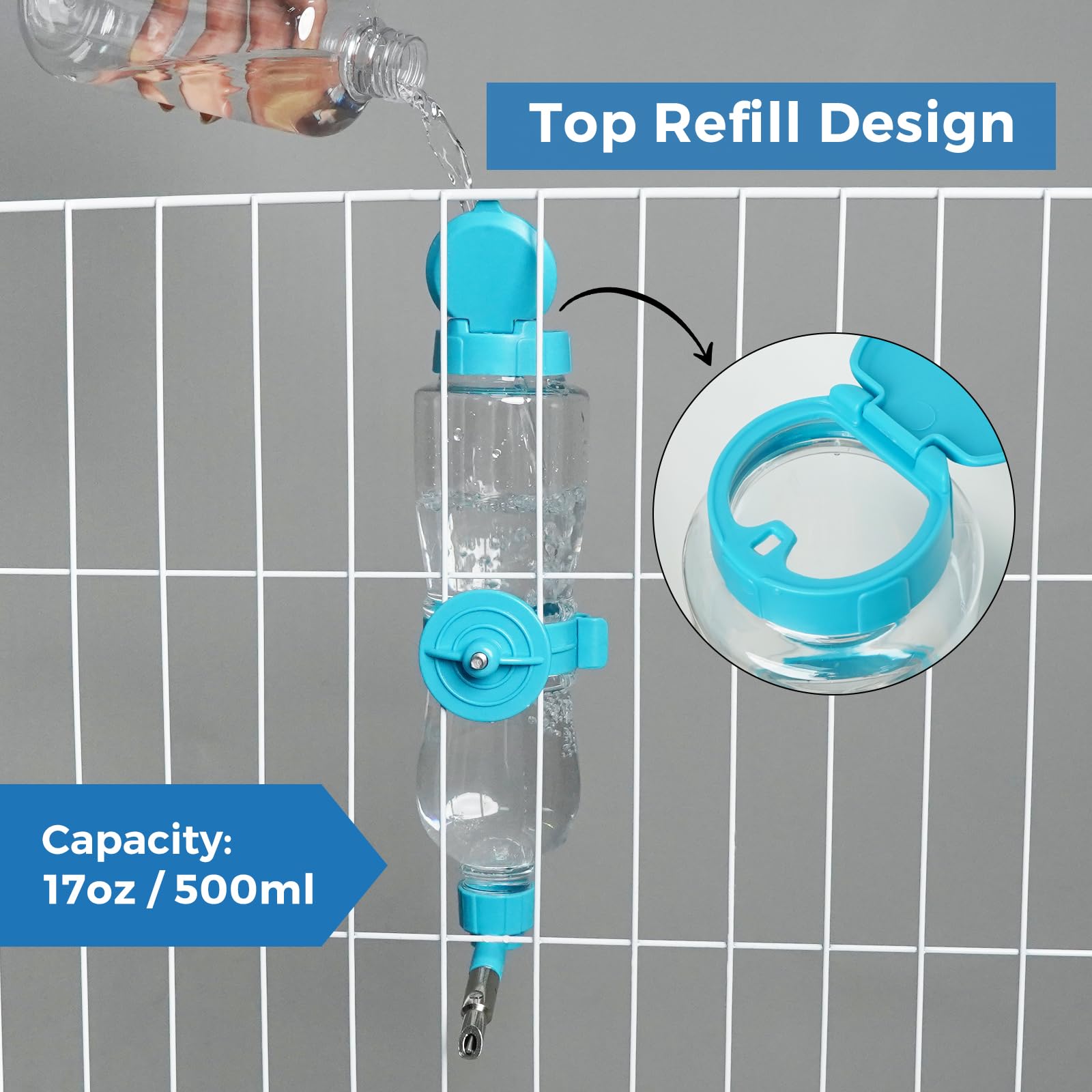 VANNON 17oz Small Animal Water Bottle for Cage - Chewproof Top Fill Pet Water Dispenser for Rabbits, Guinea Pigs, Ferrets, Chinchillas & Rodents - Perfect for Crates, Travel & Home Use (Blue)