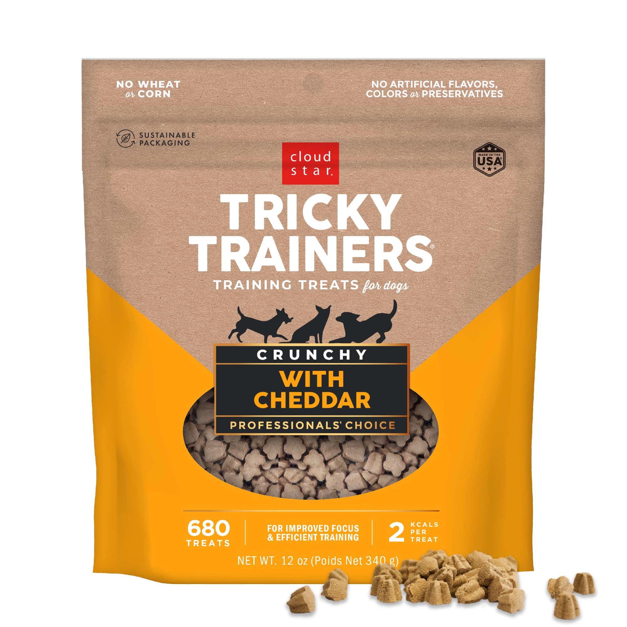Cloud Star Tricky Trainers Crunchy Dog Training Treats - 12 oz Pouch, Cheddar Flavor, Low-Calorie Behavior Reward with 680 Treats | Perfect for Obedience Training, Positive Reinforcement & Puppy Snacks