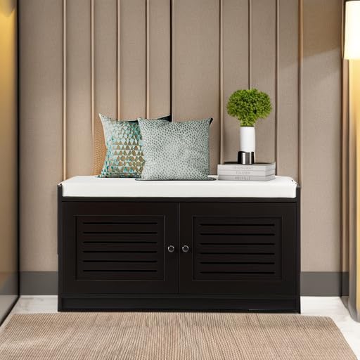 Wooden Shoe Storage Bench with Cushion & Adjustable Shelves - Entryway Organizer for Shoes, Boots & Accessories - Espresso Finish Living Room, Bedroom & Hallway Furniture for Home Decor