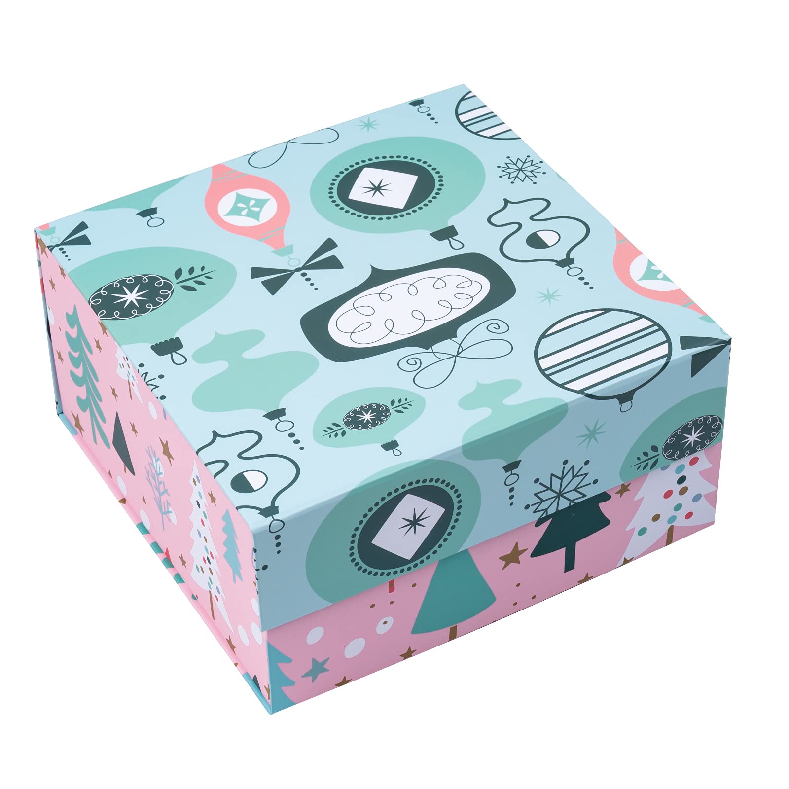 WRAPAHOLIC Christmas Gift Box with Lid - 8x8x4 Inch Pink & Blue Ornament Design Collapsible Box with Magnetic Closure & 2 Tissue Papers | Holiday Present Wrapping, Party Favors, Wedding Decorations
