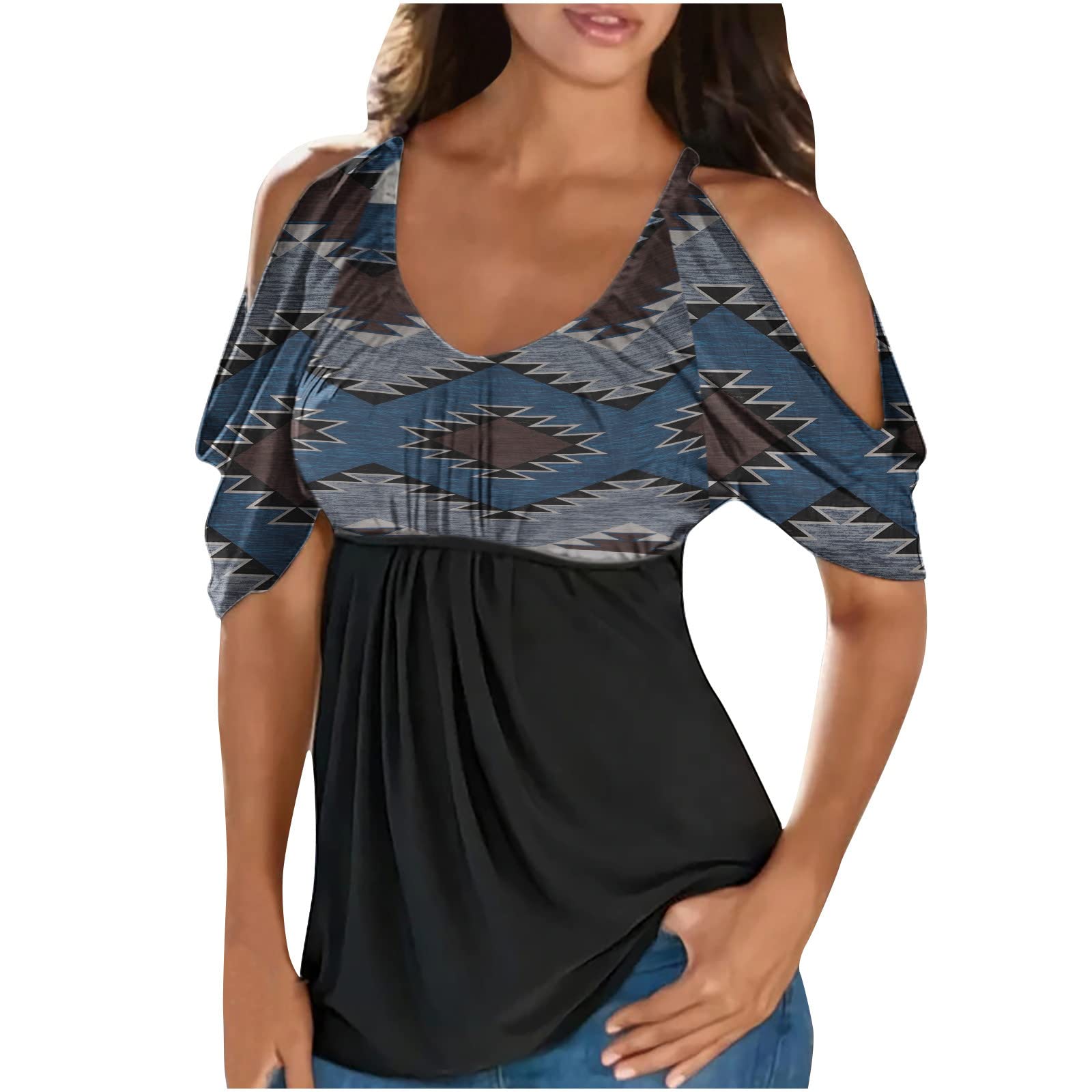 Trendy Women's Summer Off Shoulder Hollow Out Print T-Shirt - Casual Short Sleeve O-Neck Blouse for Beach, Party & Everyday Wear