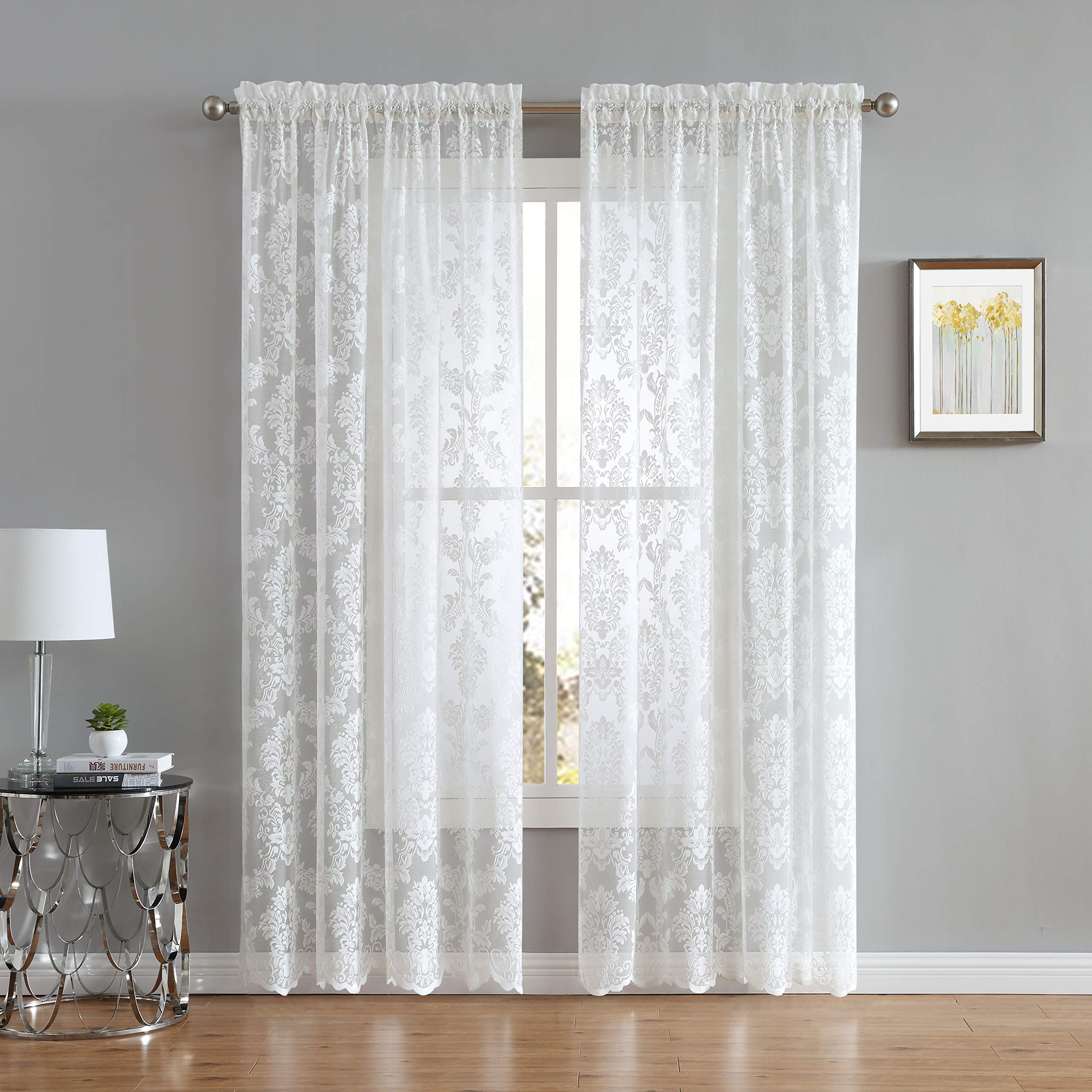 LinenZone Flowing Lace Curtains with Damask Pattern - Sheer Window Curtains for Privacy & Light Filtering - Elegant Home Décor for Living Room, Bedroom or Kitchen - 54