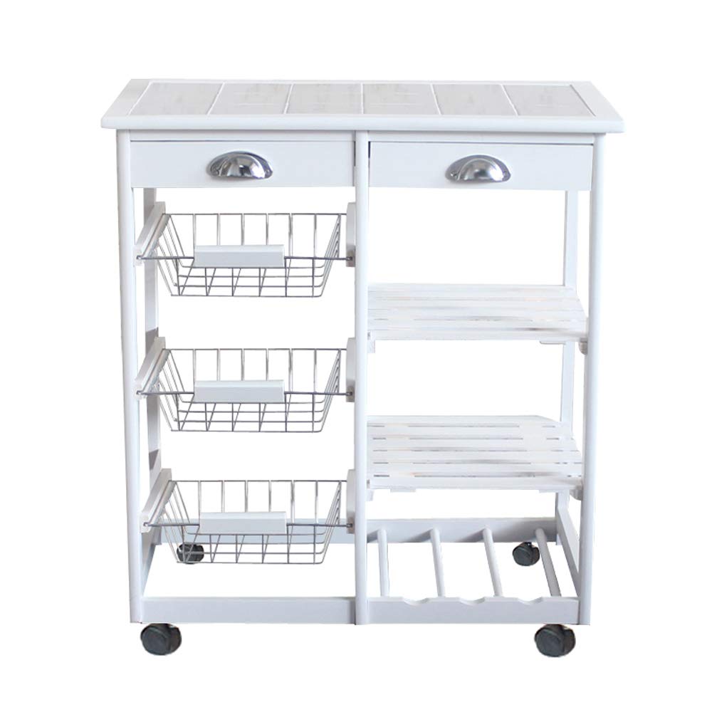 ANEUHS Rolling Kitchen Cart with Storage Drawers & Baskets - Mobile Wooden Kitchen Island, Utility Cart with Wheels for Countertop Organization - Perfect for Small Kitchens, Dining Rooms & Apartment Living (White, 2-Tier)