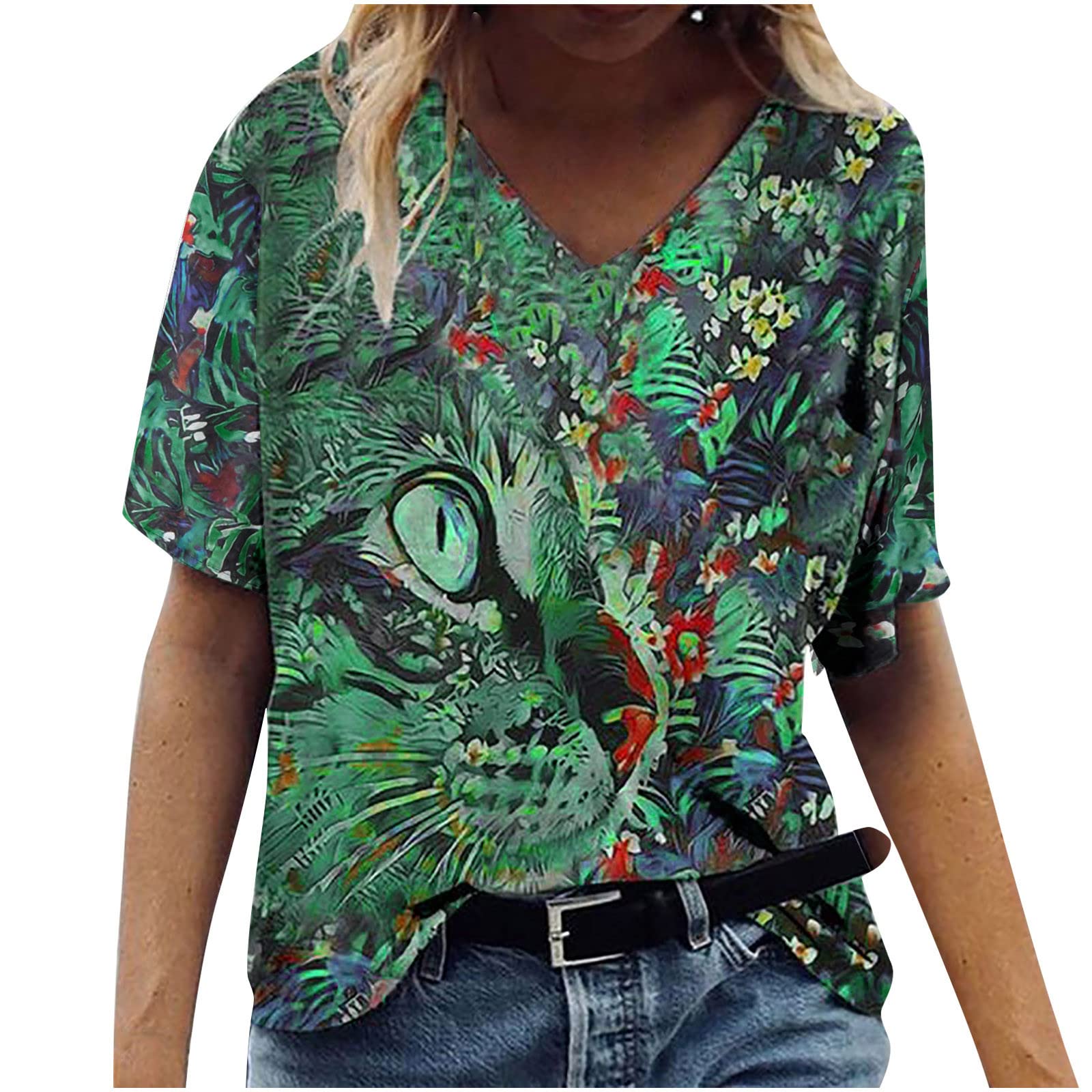 Women's Floral Painting Printed V-Neck T-Shirt - Short Sleeve Loose Fit Graphic Tee for Casual Wear, Summer Outfits & Artistic Fashion