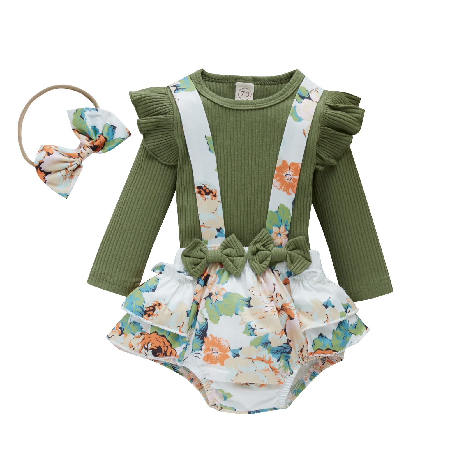 Newborn Baby Girl Outfit Set - Long Sleeve Ruffle Top & Floral Suspenders Pants with Headband | Spring & Fall Infant Clothes | Perfect for Photoshoots, Parties & Daily Wear